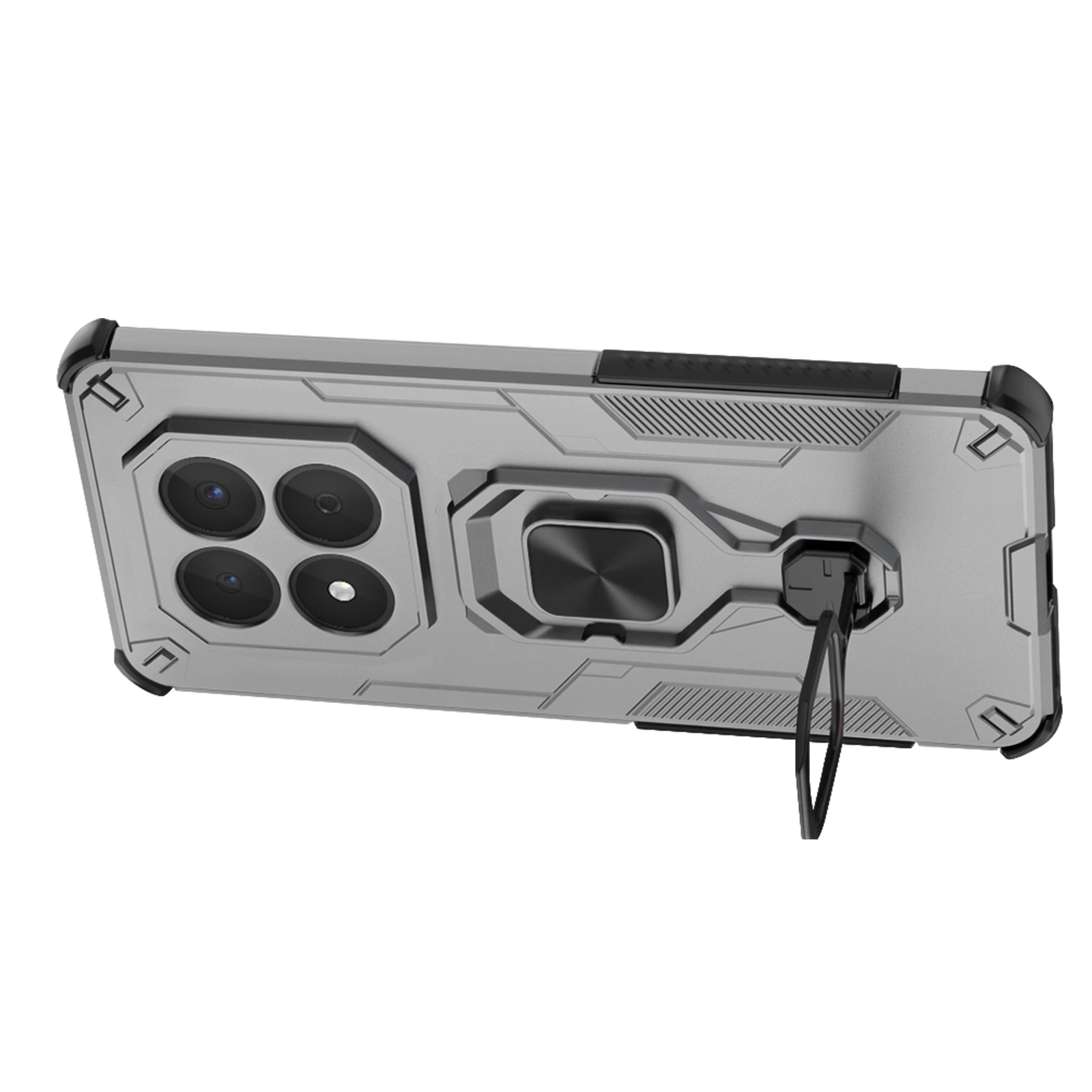 Coque de téléphone grise avec quatre caméras, un support bague et une lanière.