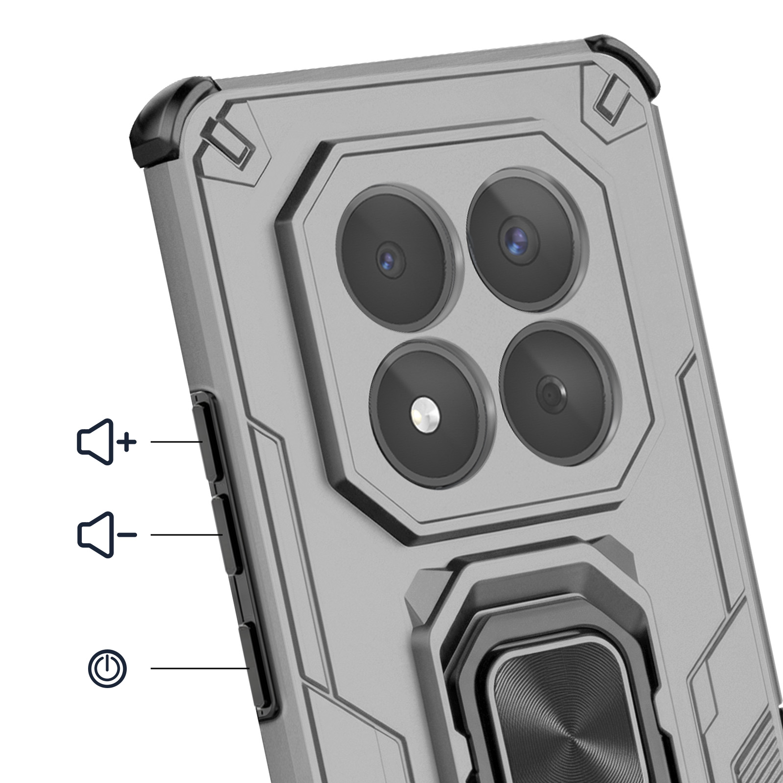 Coque de téléphone grise avec quatre caméras et support annulaire.
