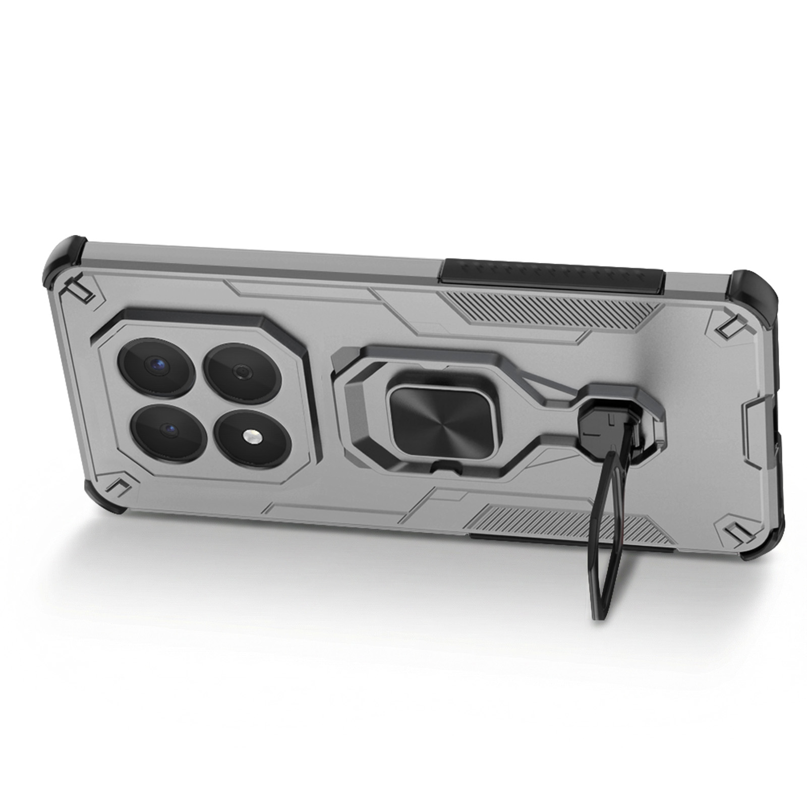 Coque de téléphone grise avec anneau, quatre caméras et béquille.