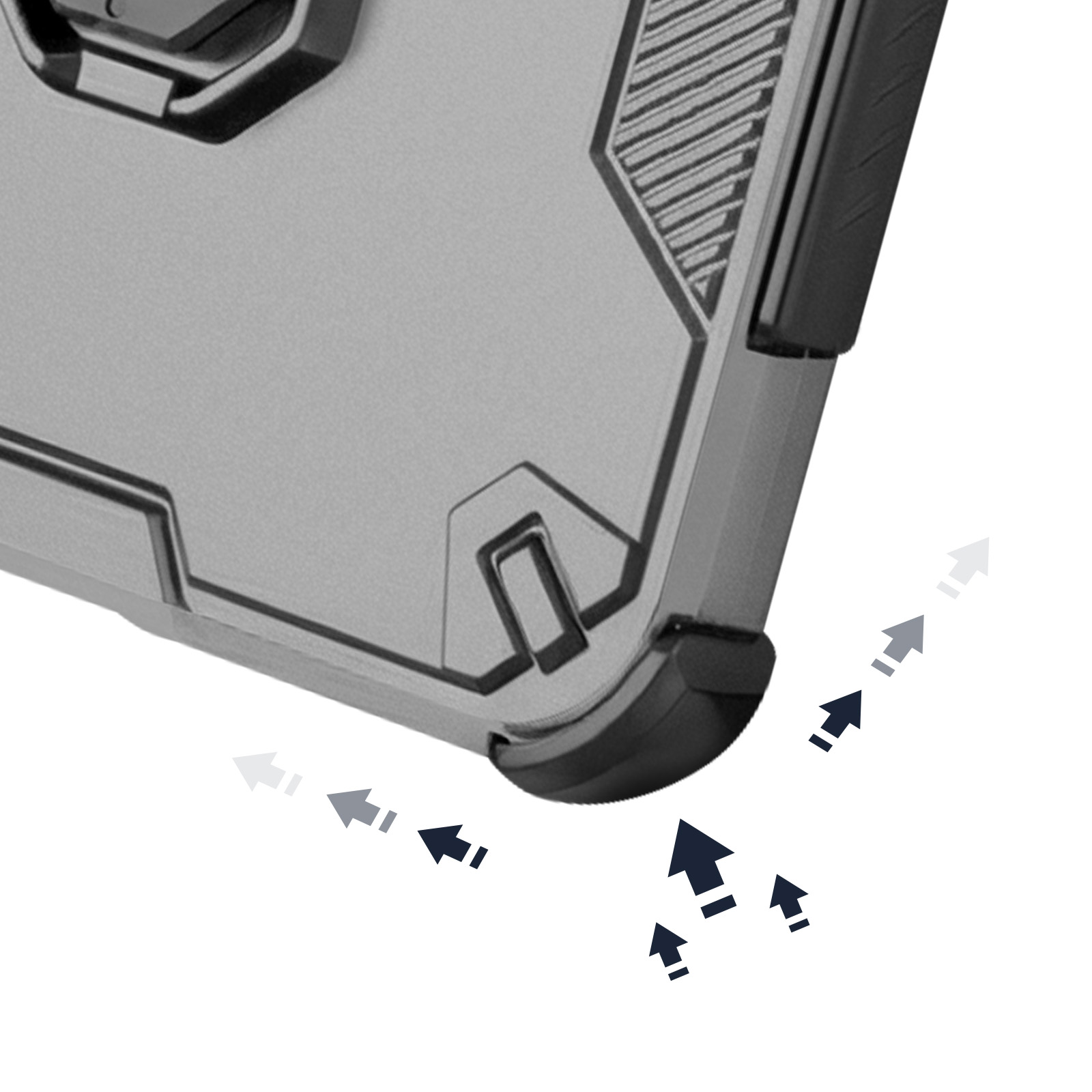 Coque de téléphone grise avec accents noirs et flèches indiquant la protection contre les chocs.