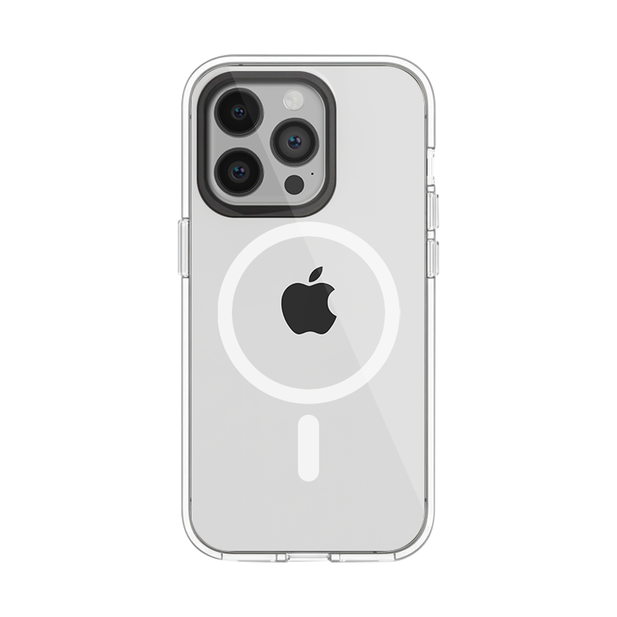 Custodia trasparente per telefono con logo Apple e modulo fotocamera.