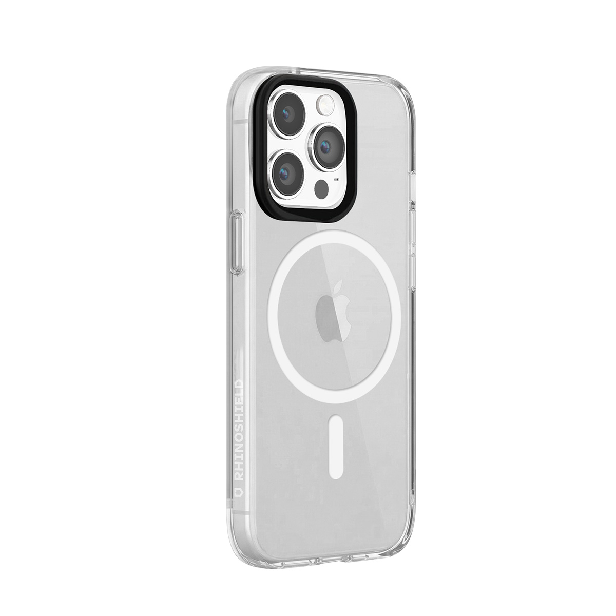 Custodia trasparente con cornice fotocamera nera, logo Apple e anello magnetico.