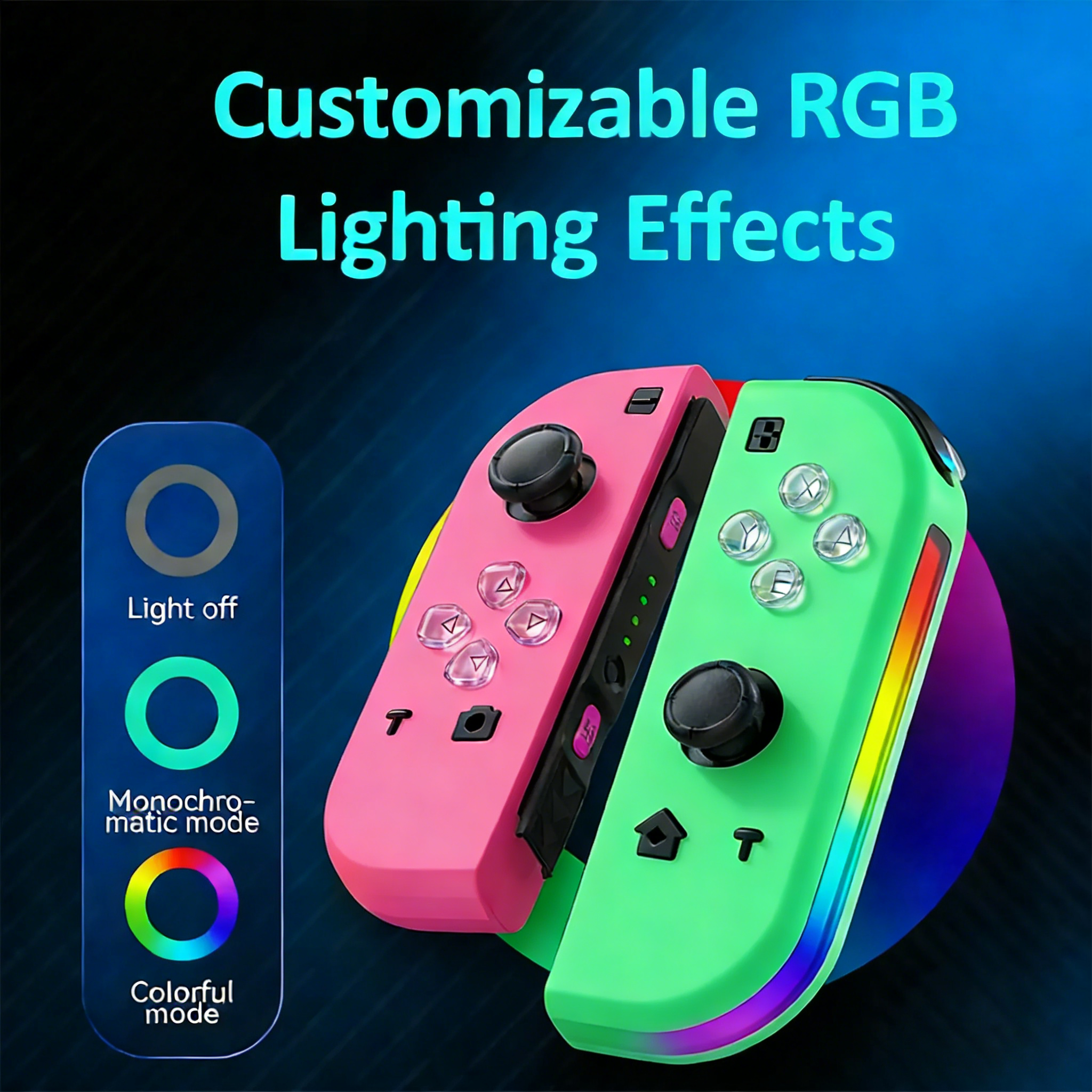 Zwei bunte Controller mit RGB-Beleuchtung und Optionen für Licht aus, monochrom und farbenfroh.