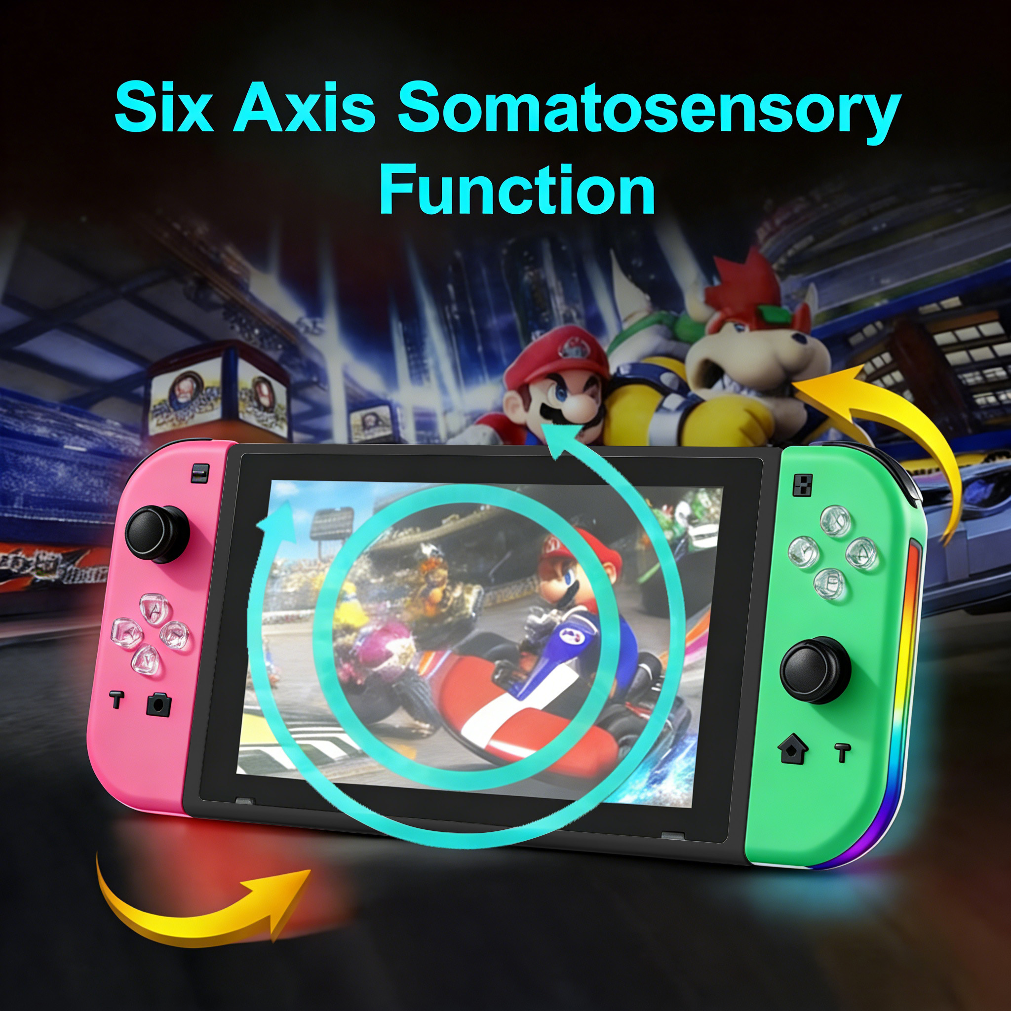 Nintendo Switch mit Mario Kart-Spiel, sechsachsige Somatosensorik wird angezeigt.