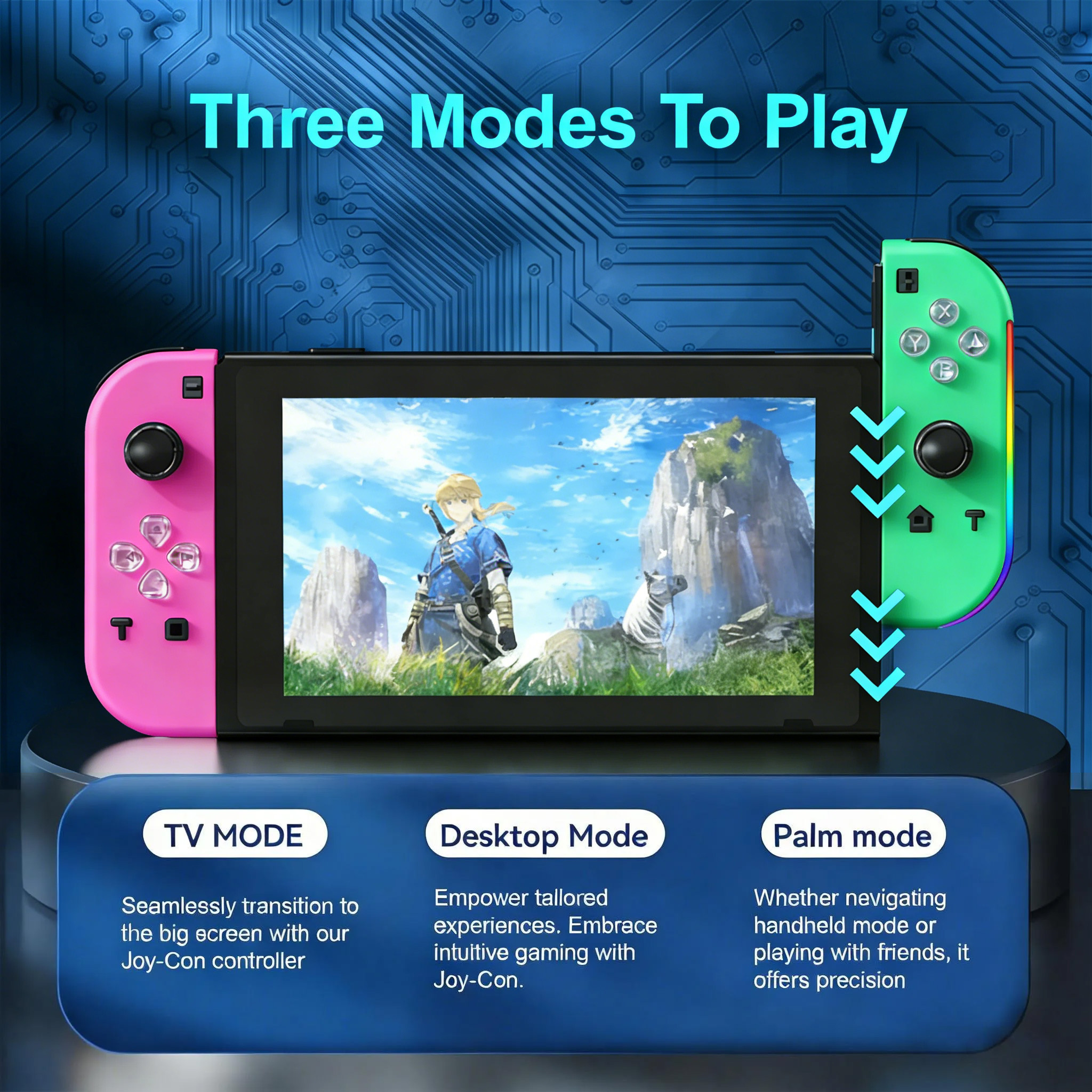 Ein Nintendo Switch mit pinkem und grünem Joy-Con, der ein Spiel zeigt.