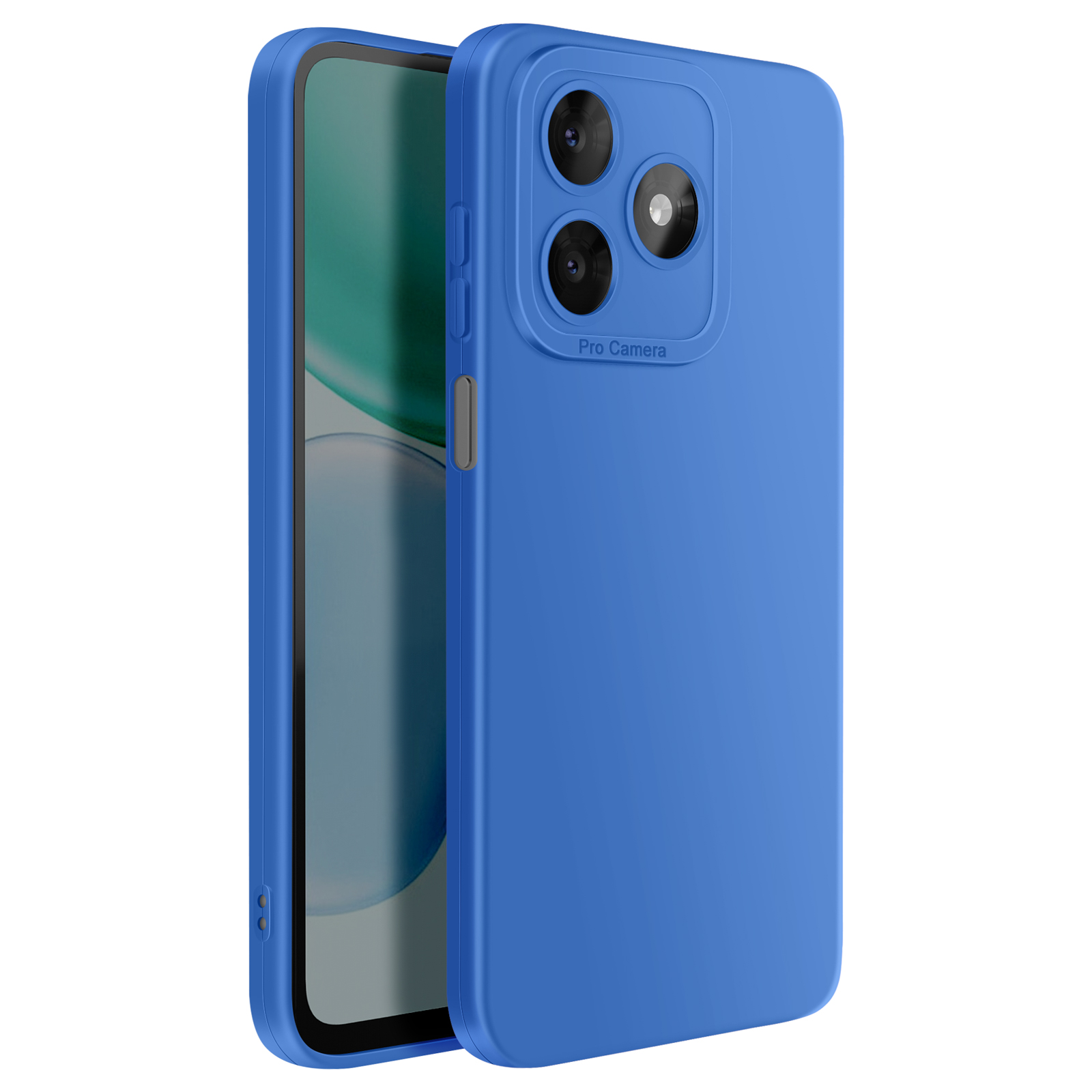 Téléphone bleu avec triple appareil photo et étui, sur fond blanc.
