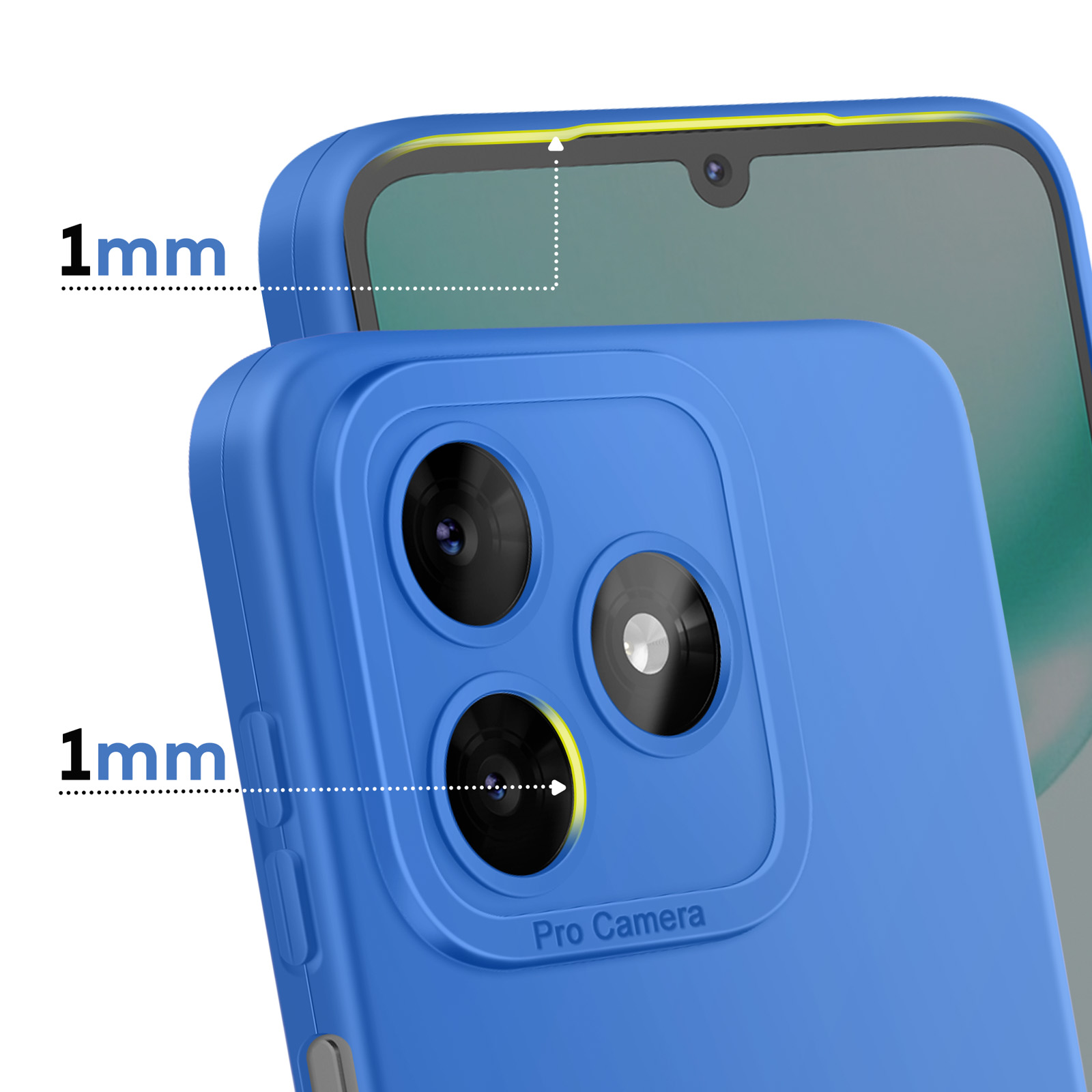 Coque de téléphone bleue avec trois objectifs et écran. Bord surélevé de 1mm.