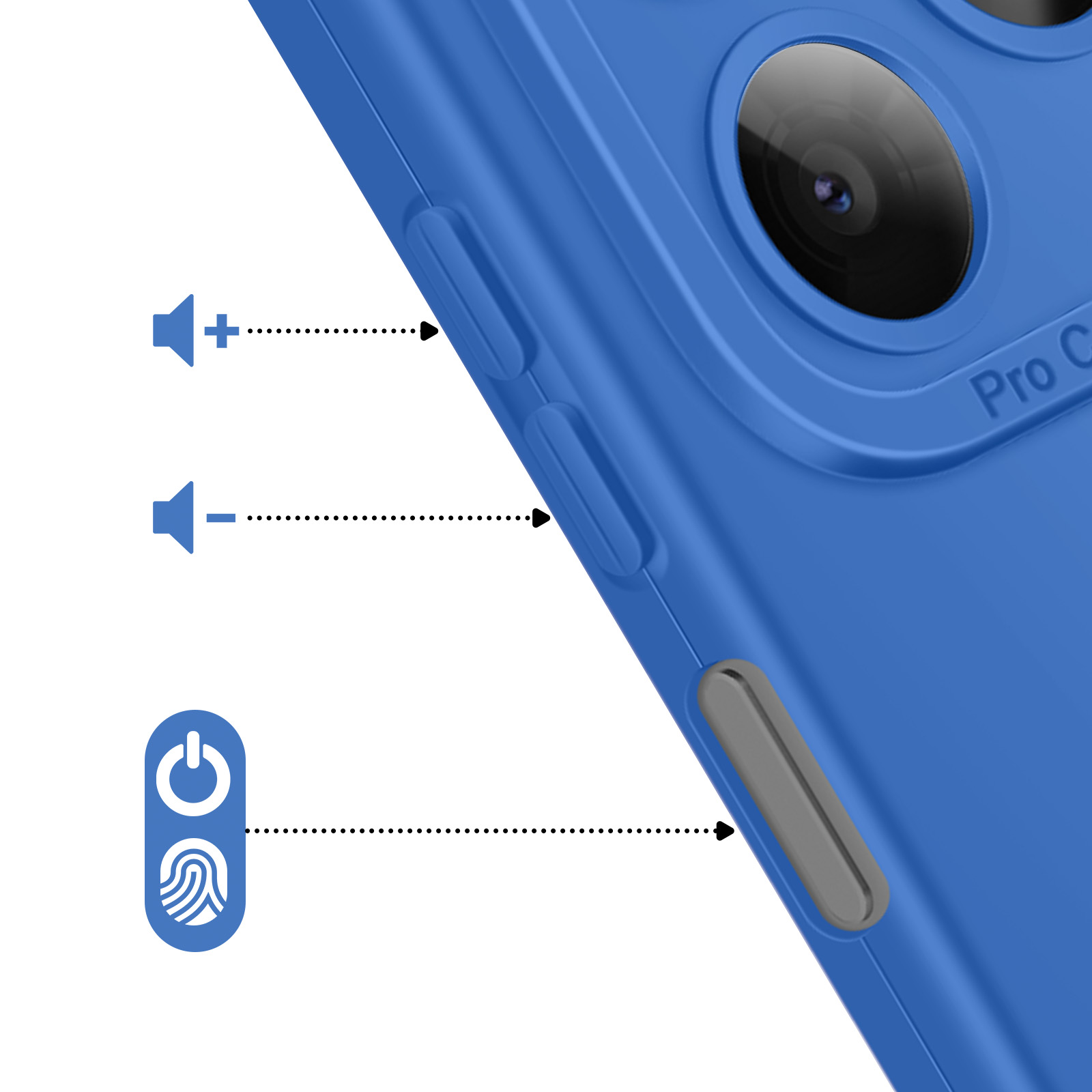Coque de téléphone bleue montrant les icônes volume, alimentation et empreinte digitale.