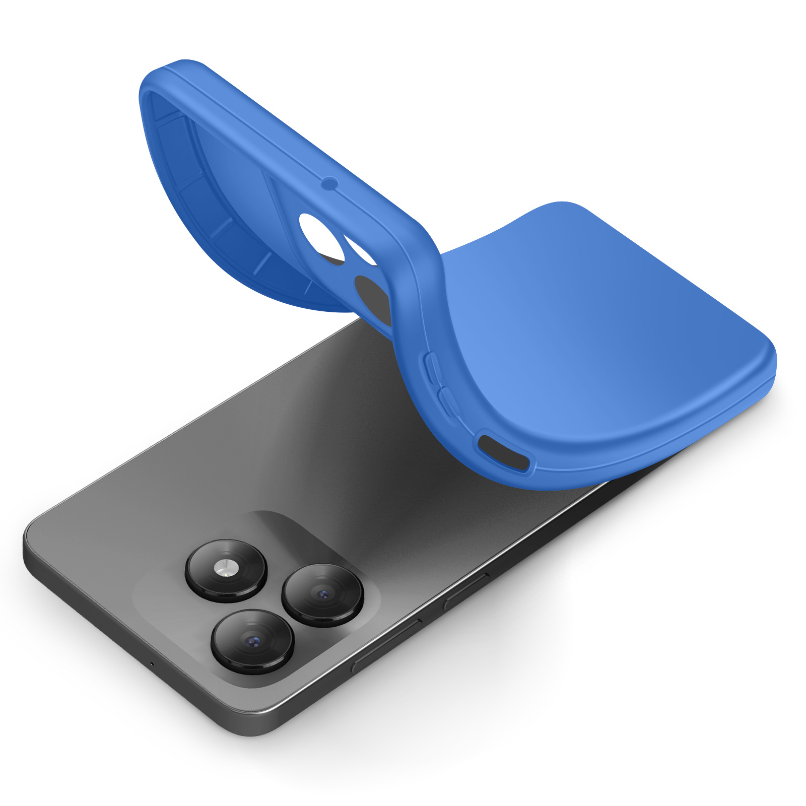 Une coque de téléphone bleue repose sur un smartphone à trois caméras.