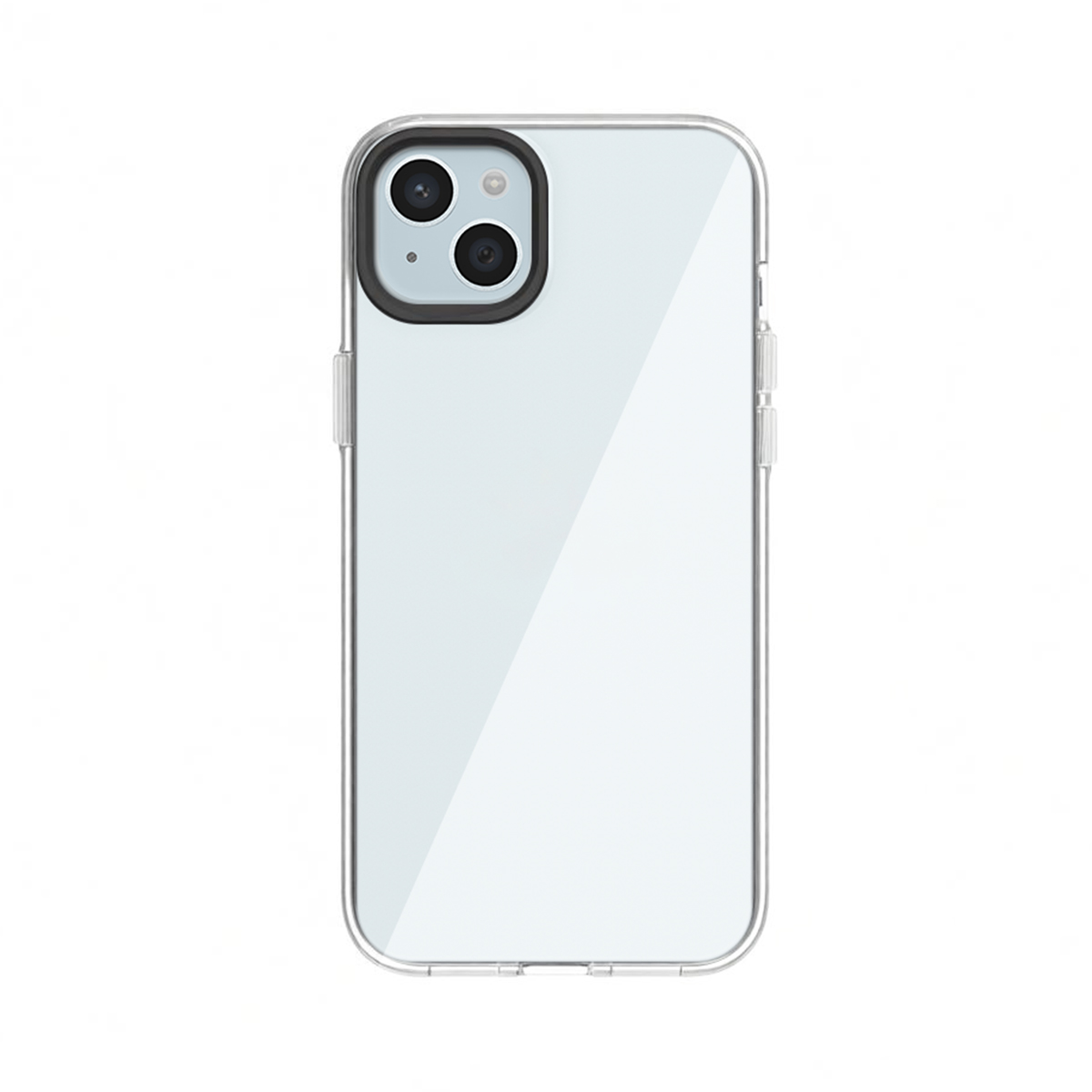 Doorzichtige telefoonhoes met zwarte cameraring op witte achtergrond.