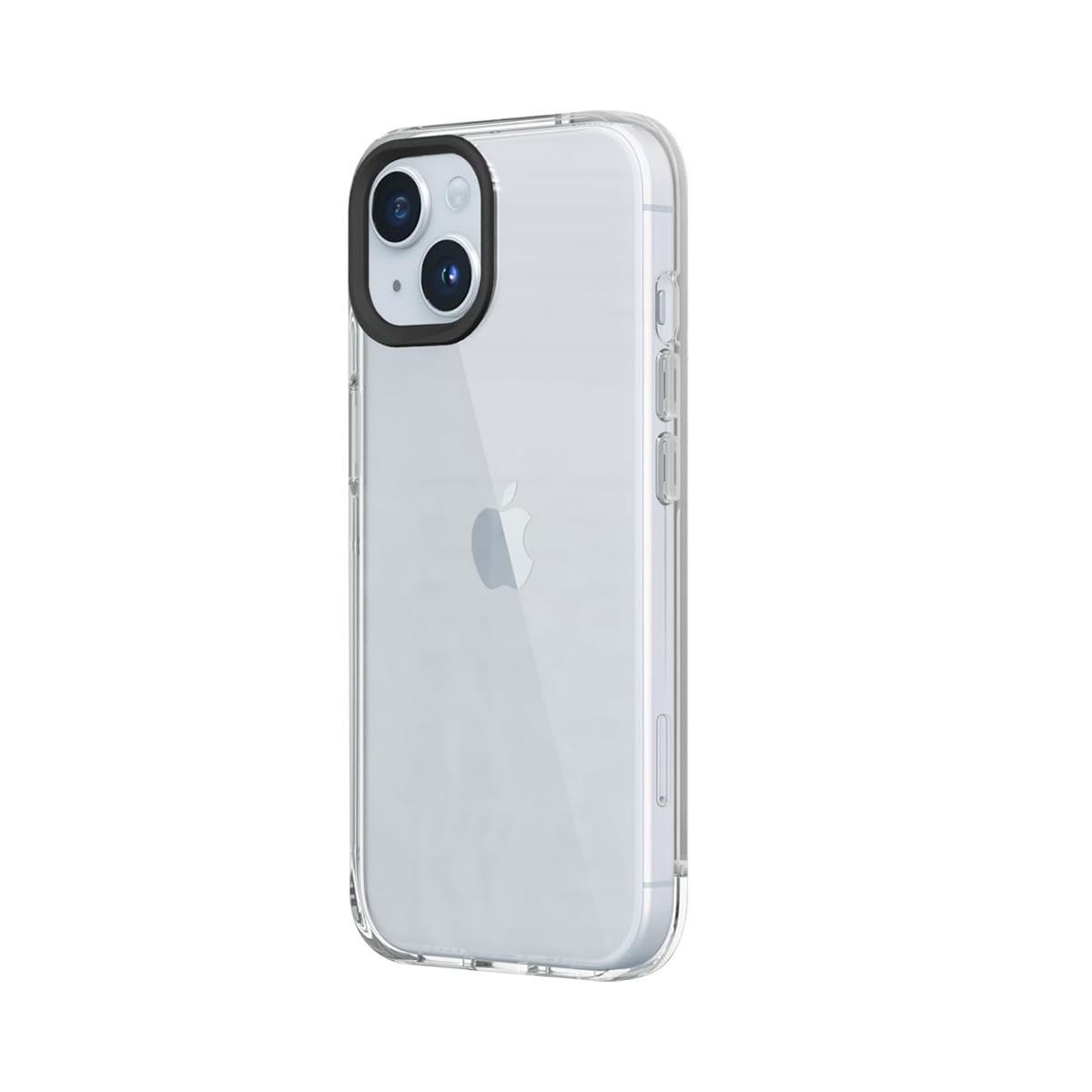 Een doorzichtige telefoonhoes met zwarte accenten rond de cameralens.