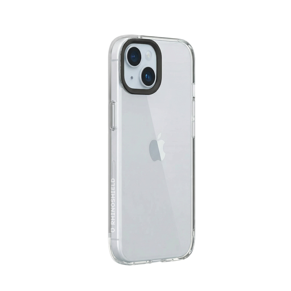 Transparante telefoonhoes met zwarte camerabezel, op witte achtergrond.
