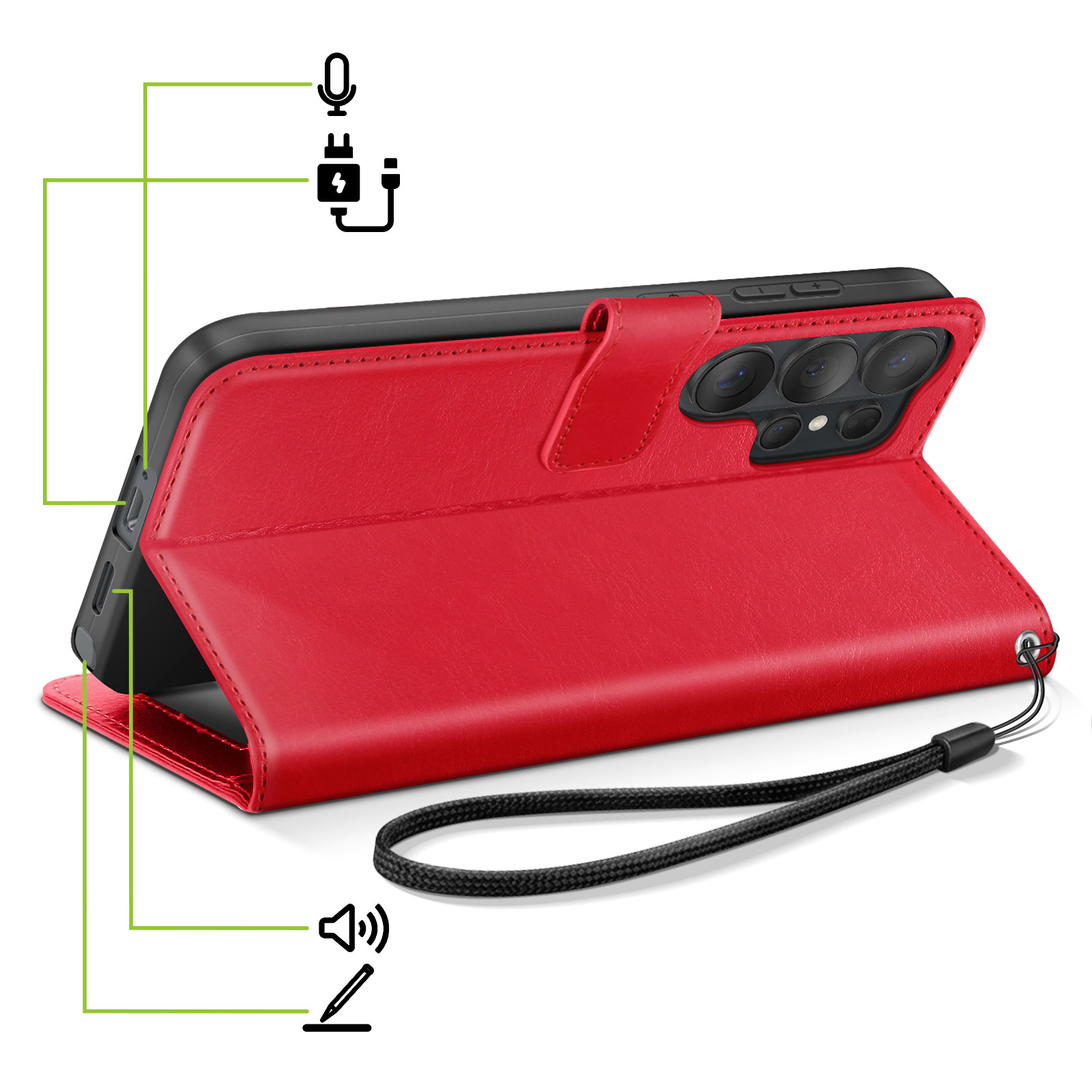 Rote Lederhülle mit Handy, Kamera, Lanyard und Symbolen für Mikrofon/Ladegerät.