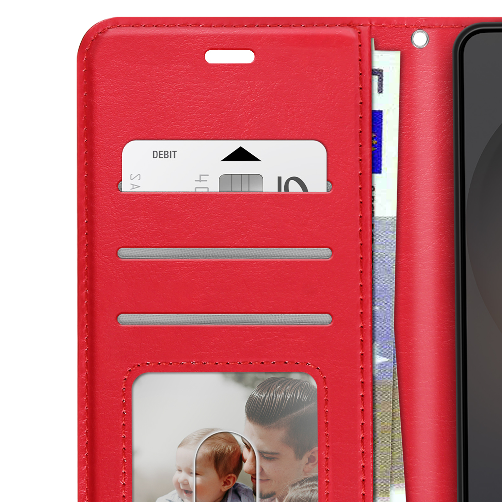 Rote Brieftasche mit Kartenfächern, Geldscheinfach und Foto. Ein Handy ist sichtbar.