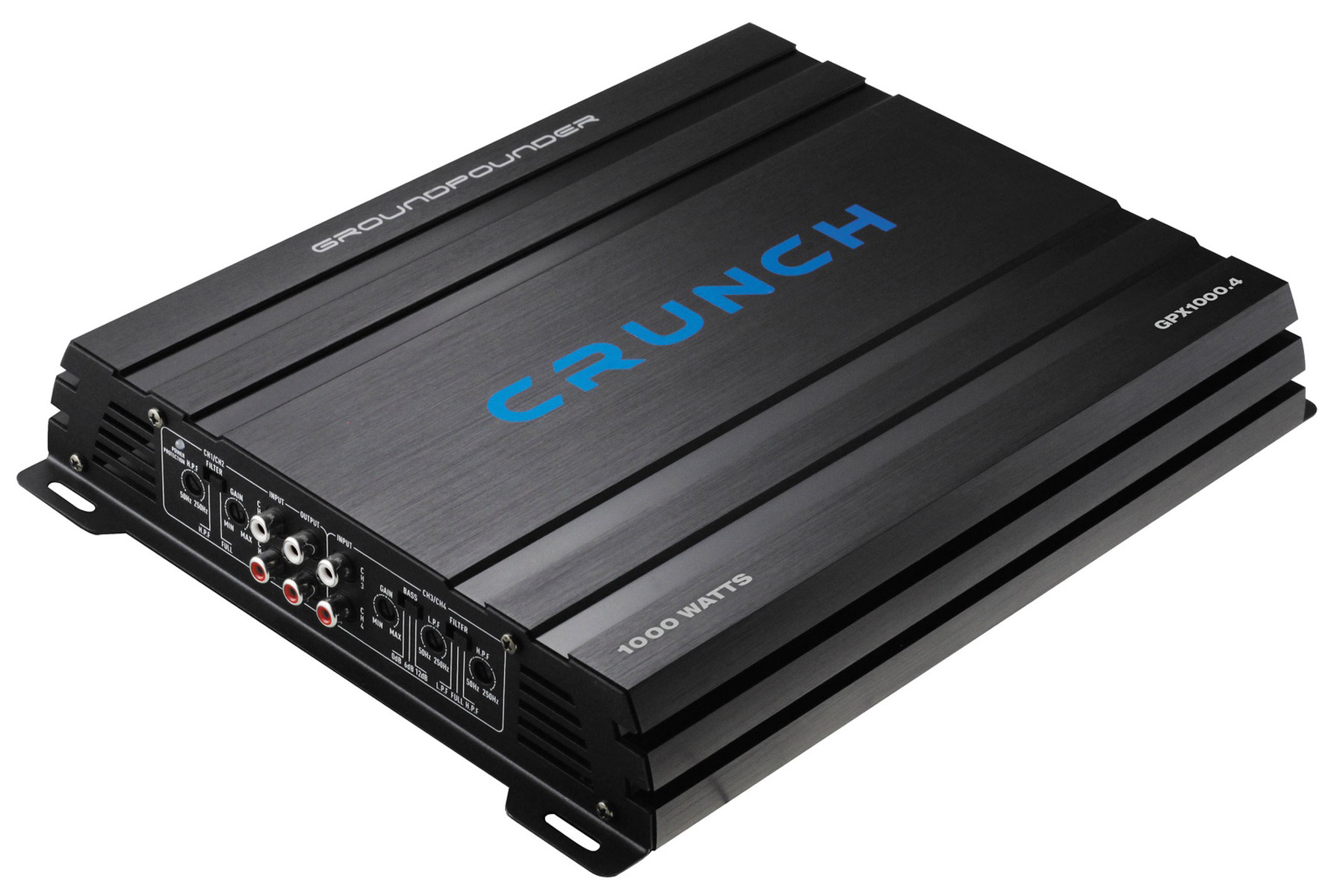 Schwarzer Crunch GPX1000.4 Verstärker mit blauen Logo und Anschlüssen.