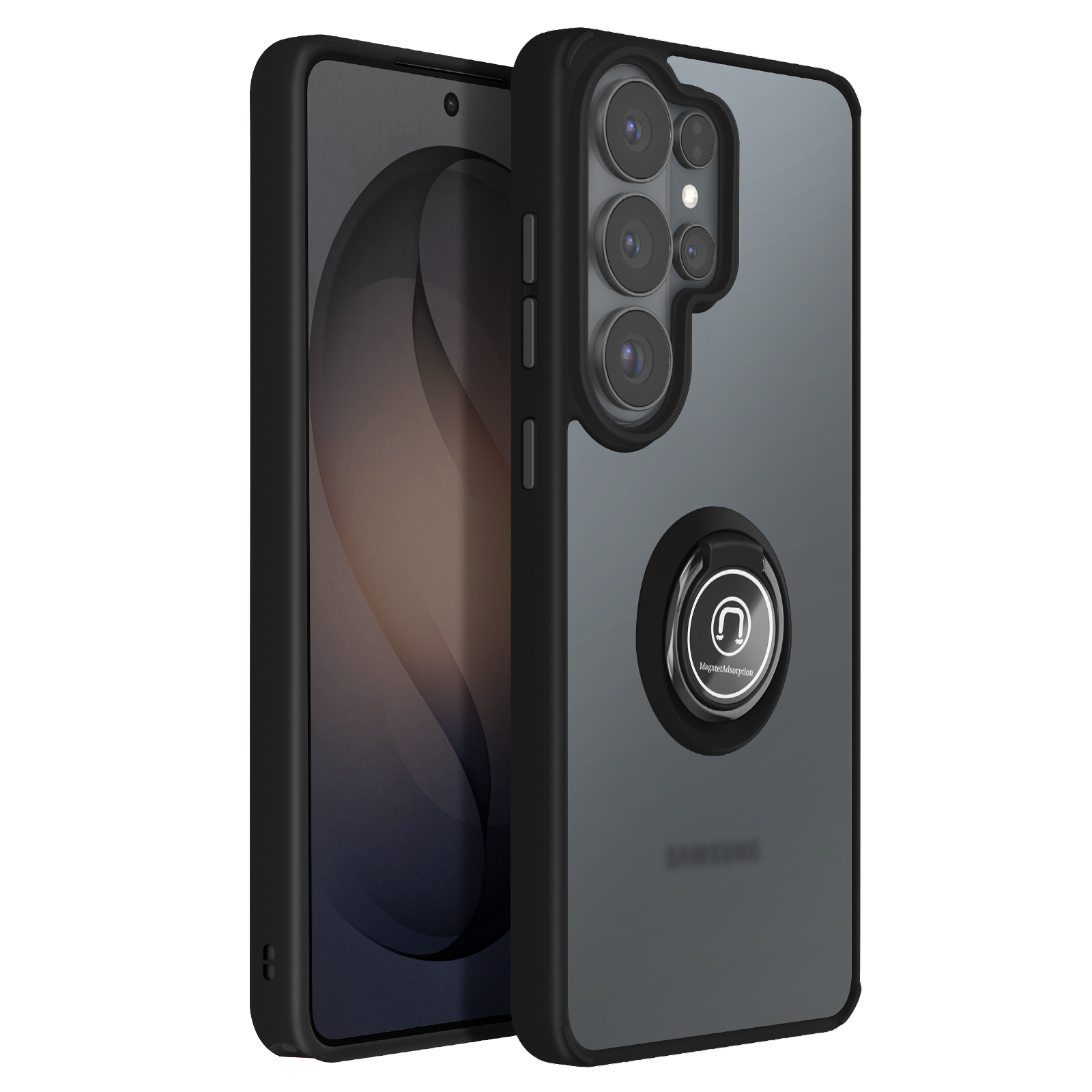 Een zwarte telefoon in een doorzichtige hoes met een camera-array met vier lenzen.