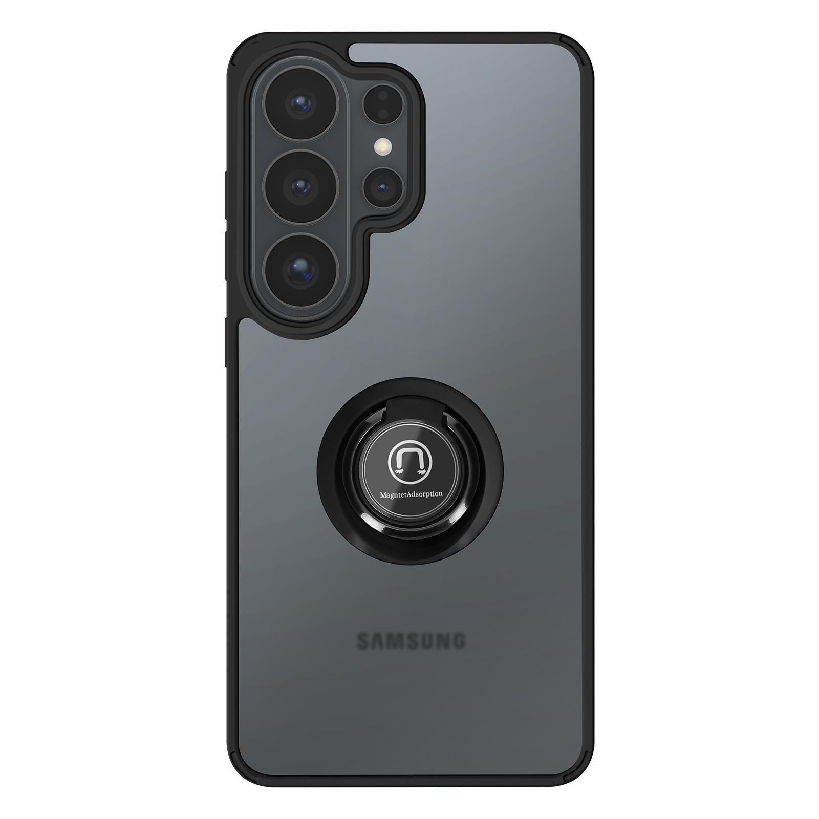 Achterkant van een donkere Samsung telefoon met ringhouder en cameralenzen.