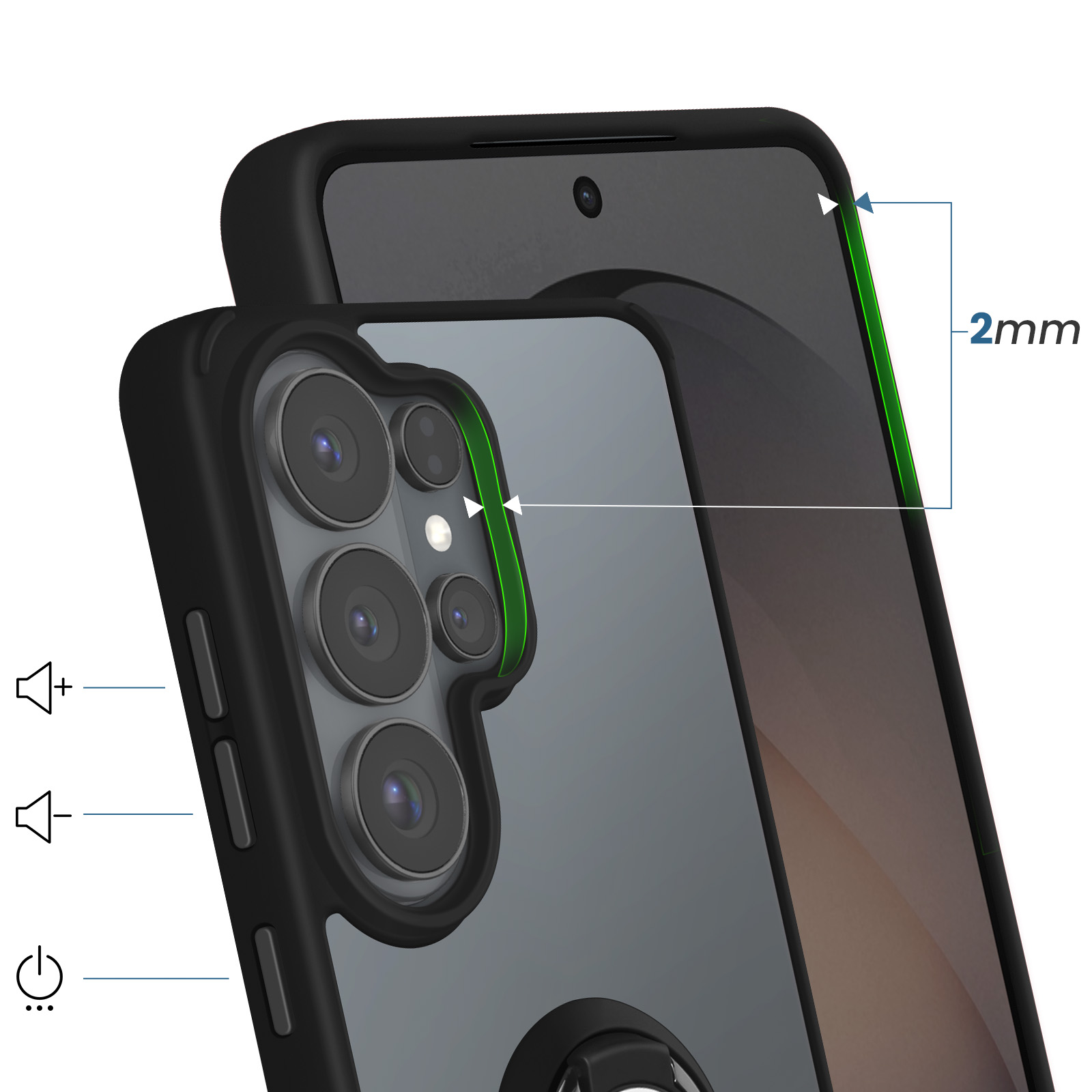 Zwarte telefoon met meerdere camera's, in een doorzichtige hoes met groene rand.