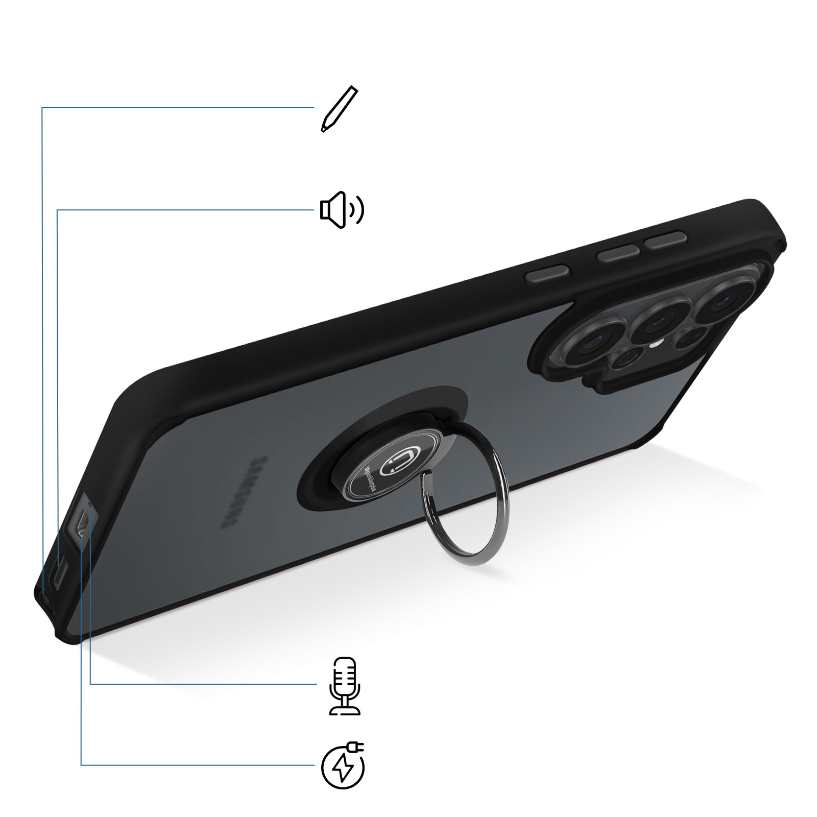 Een zwarte telefoon met ringhouder, camera en iconen voor pen, luidspreker, microfoon en oplader.
