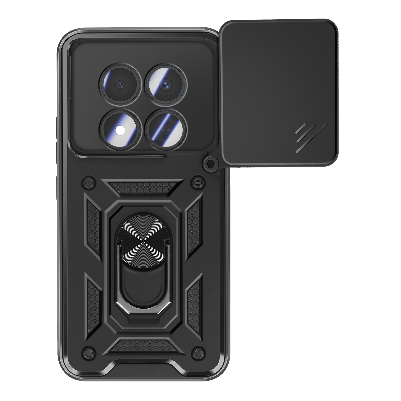 Zwarte telefoonhoes met vier camera's, ringhouder en schuifdeksel.
