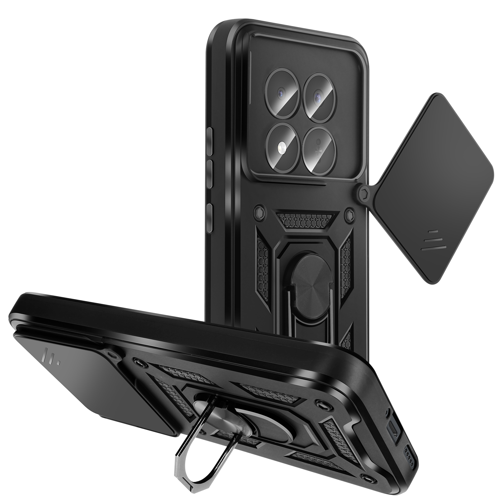 Zwarte telefoonhoes met vier camera's, ringhouder en klepdeksel.