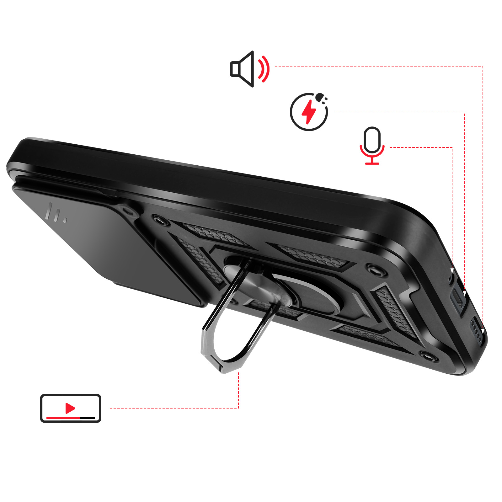 Zwarte telefoonhoes met standaard en iconen voor opladen, microfoon en luidspreker.