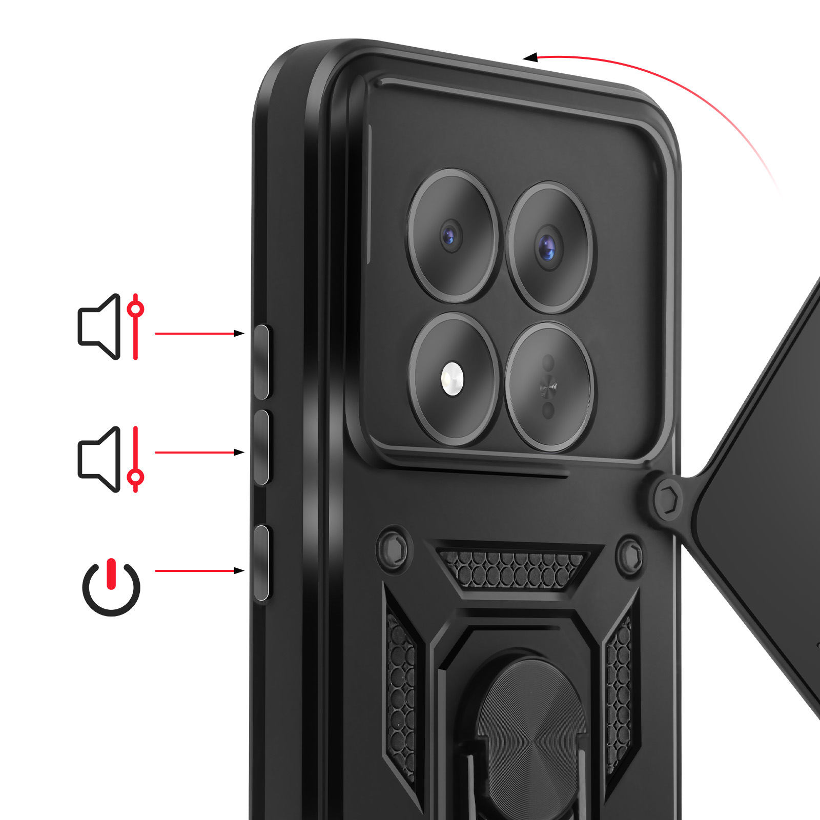 Zwarte telefoon met vier camera's, volume- en aan/uit-knoppen. Ring.