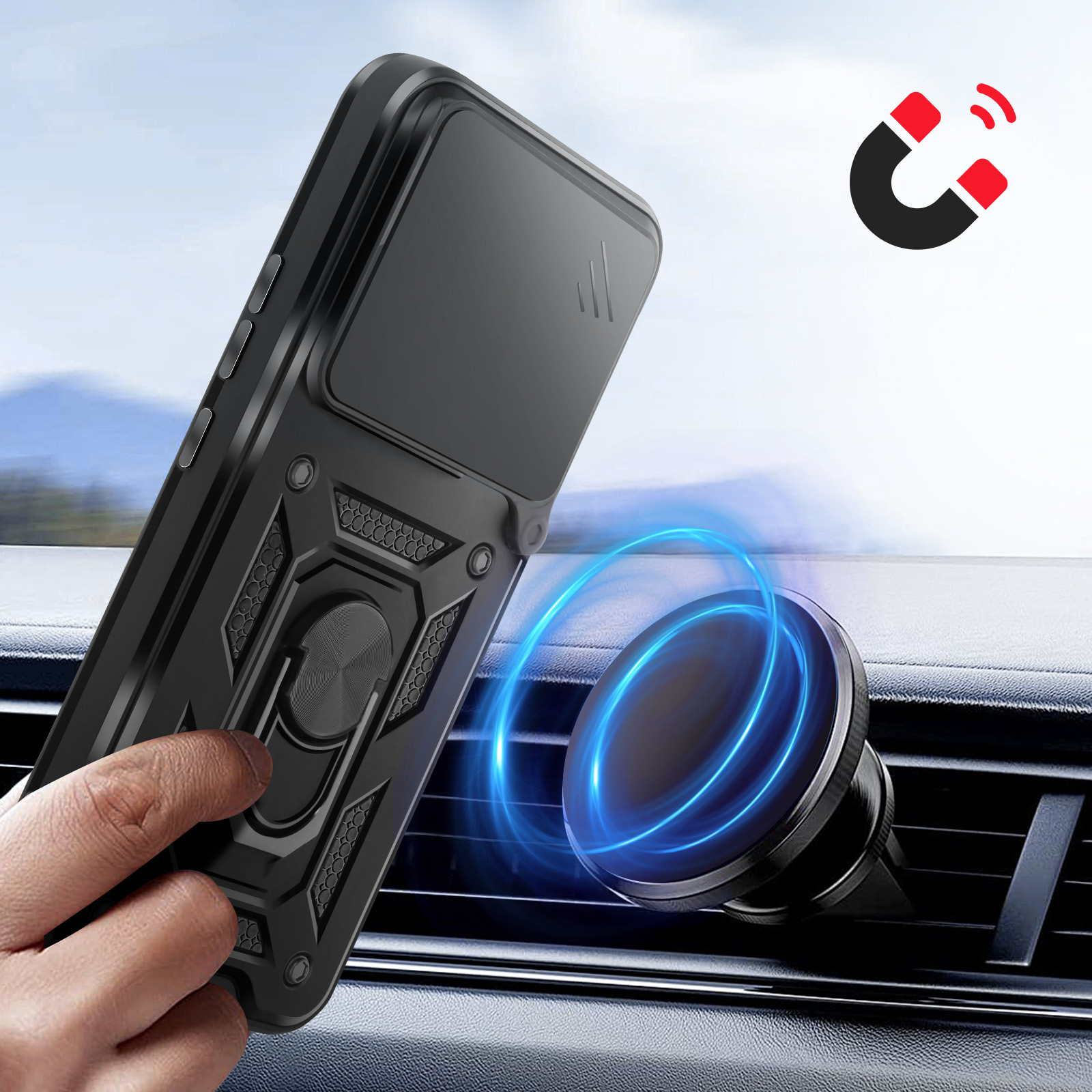 Een zwart telefoonhoesje met ringhouder wordt magnetisch bevestigd aan een auto-ventilatieopening.