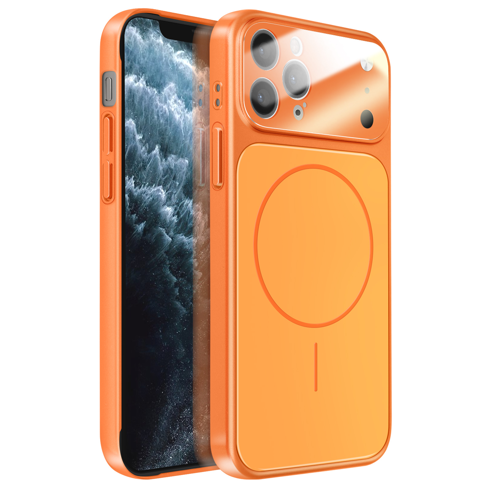 Coque orange pour iPhone avec trois objectifs et zone de charge magnétique.