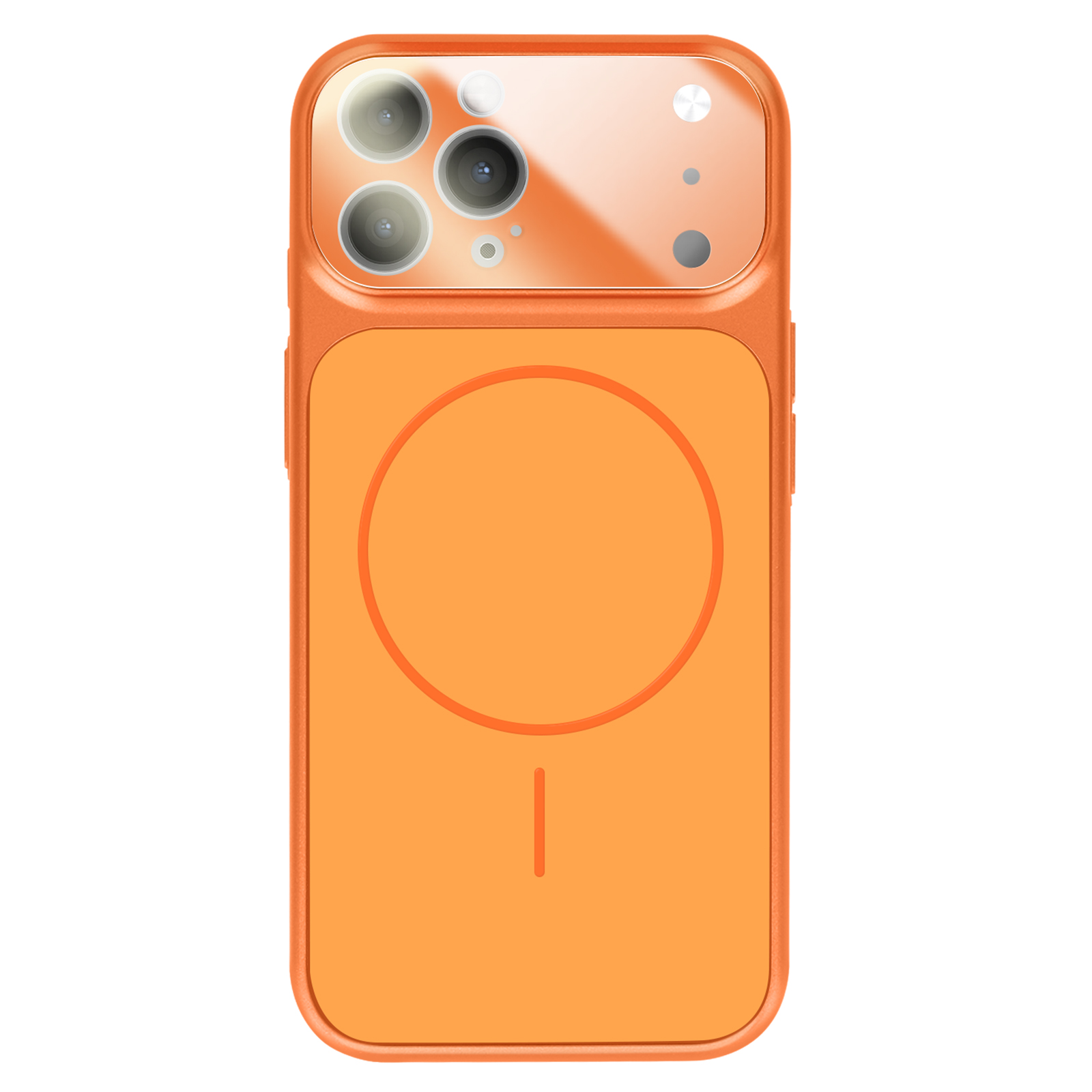 Coque de téléphone orange avec trois caméras et cercle de chargement magnétique.