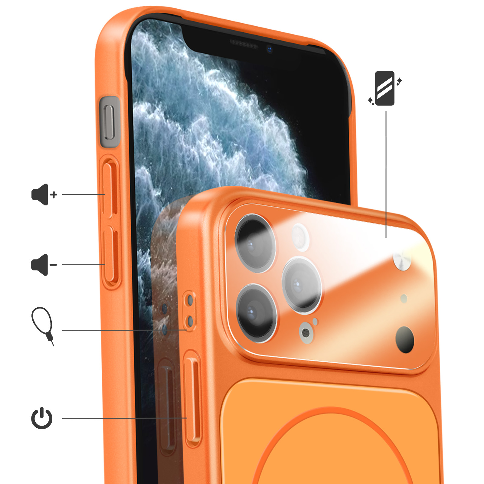 Coque de téléphone orange avec découpe appareil photo et boutons latéraux.