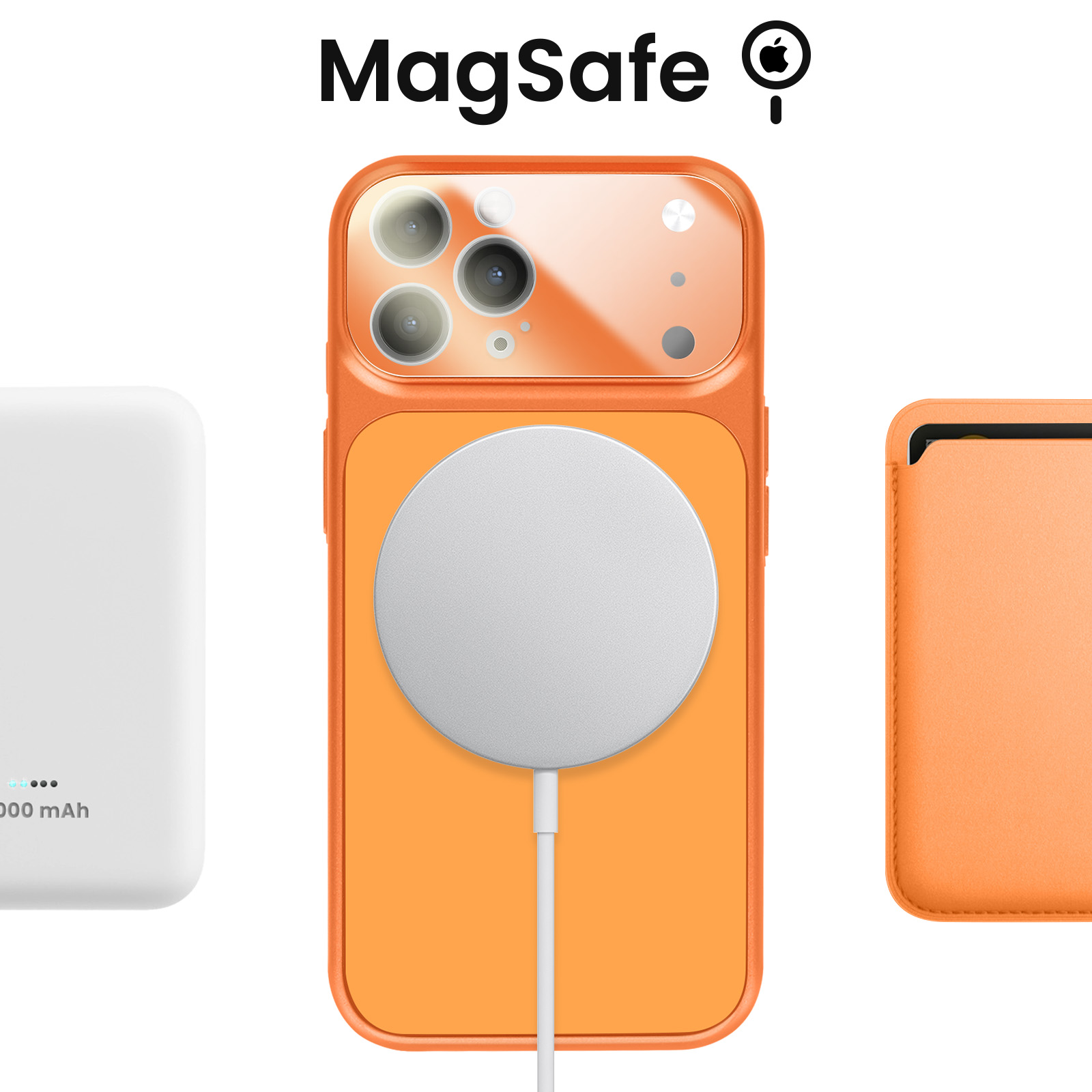 Coque iPhone orange avec chargeur MagSafe et batterie blanche.
