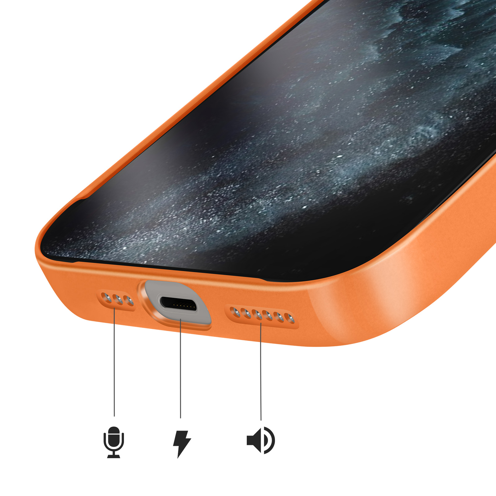 Coque orange montrant le port de chargement, le microphone et les trous des haut-parleurs.