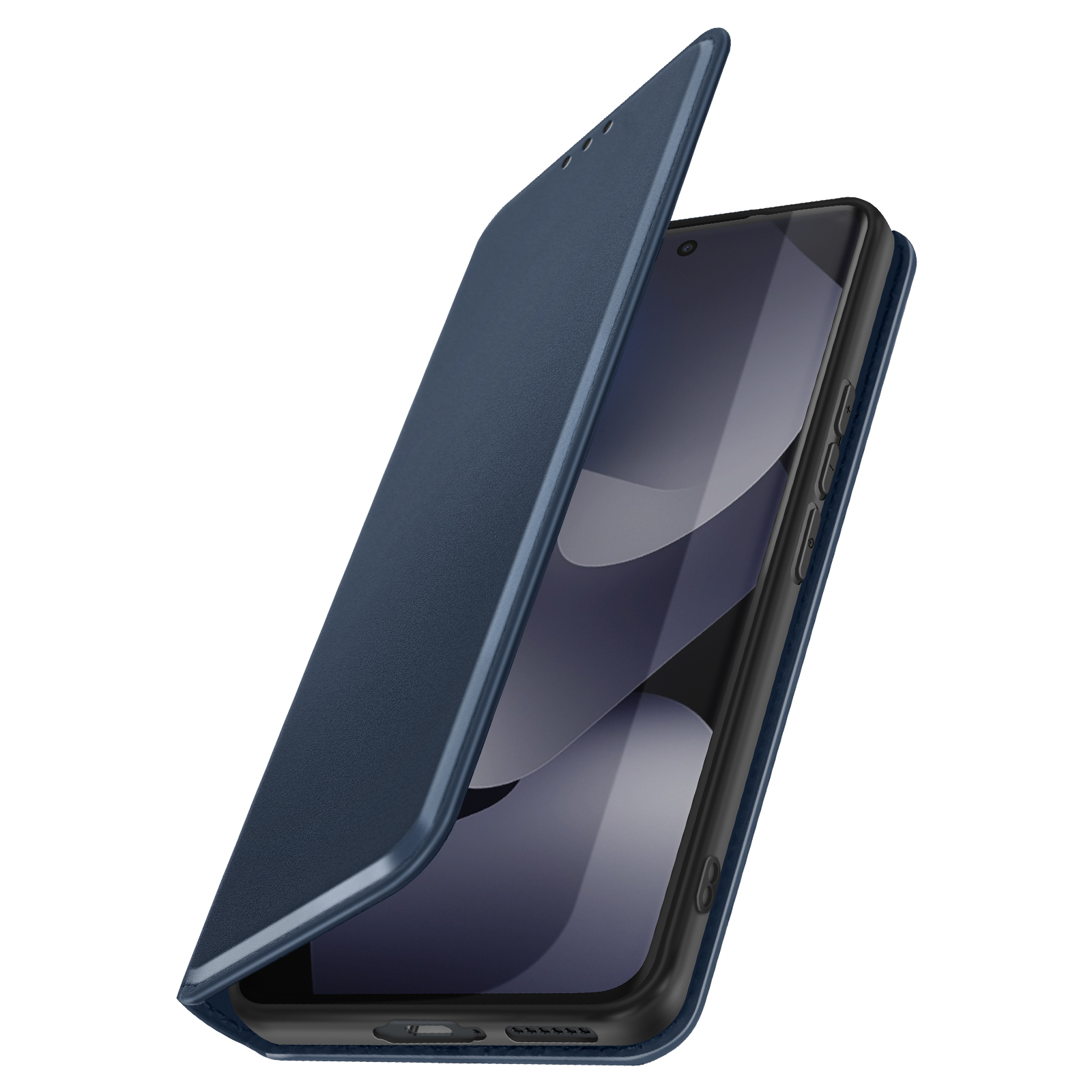 Custodia blu scuro per telefono, aperta, mostra lo smartphone sotto.