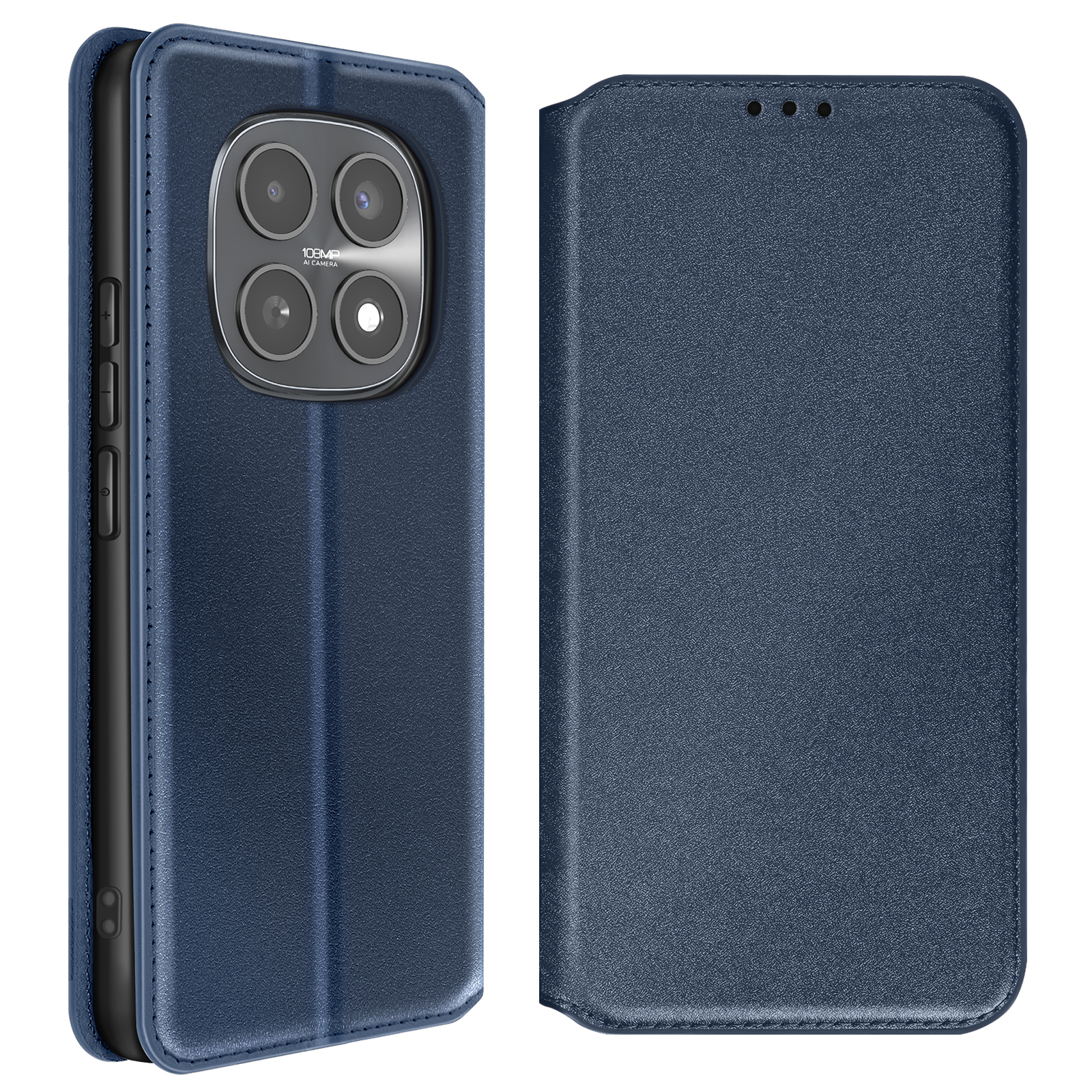 Custodia blu scuro per telefono con apertura fotocamera e pulsanti laterali.