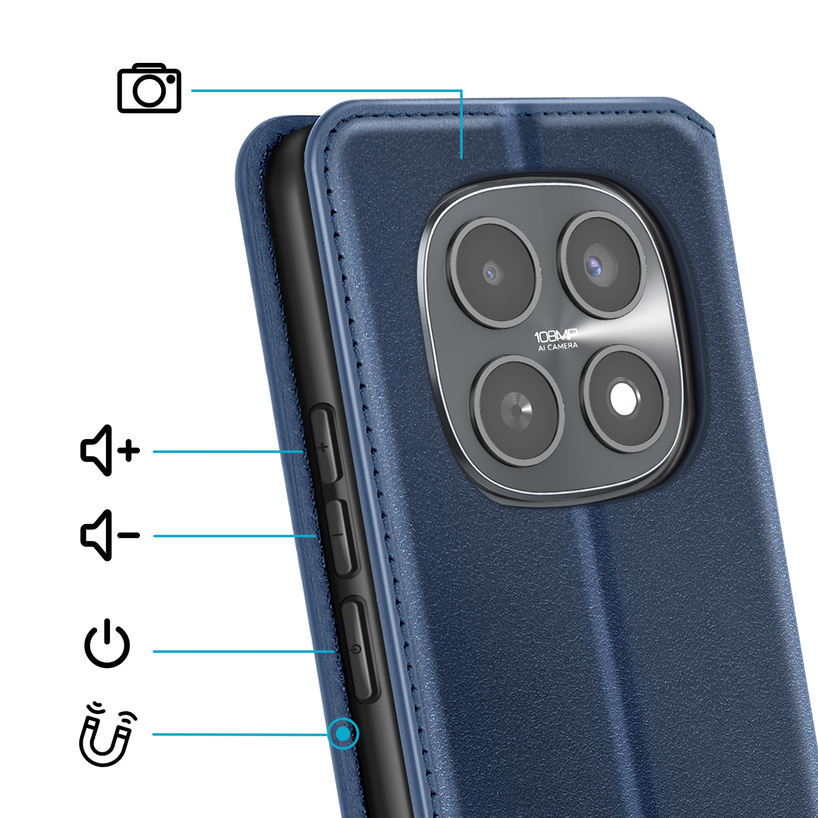 Custodia blu scuro per telefono con fotocamera e pulsanti. Icone volume, accensione, magnete.