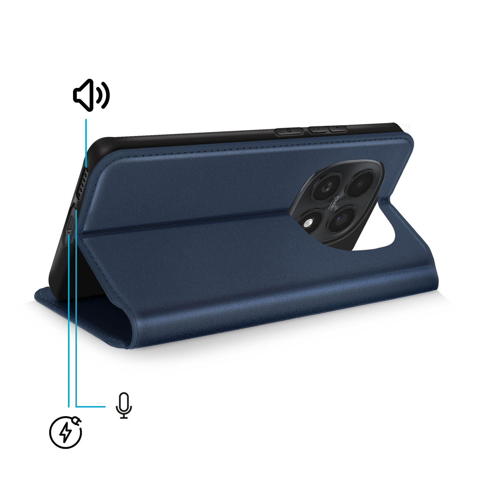 Custodia a libro blu scuro che protegge il modulo fotocamera.