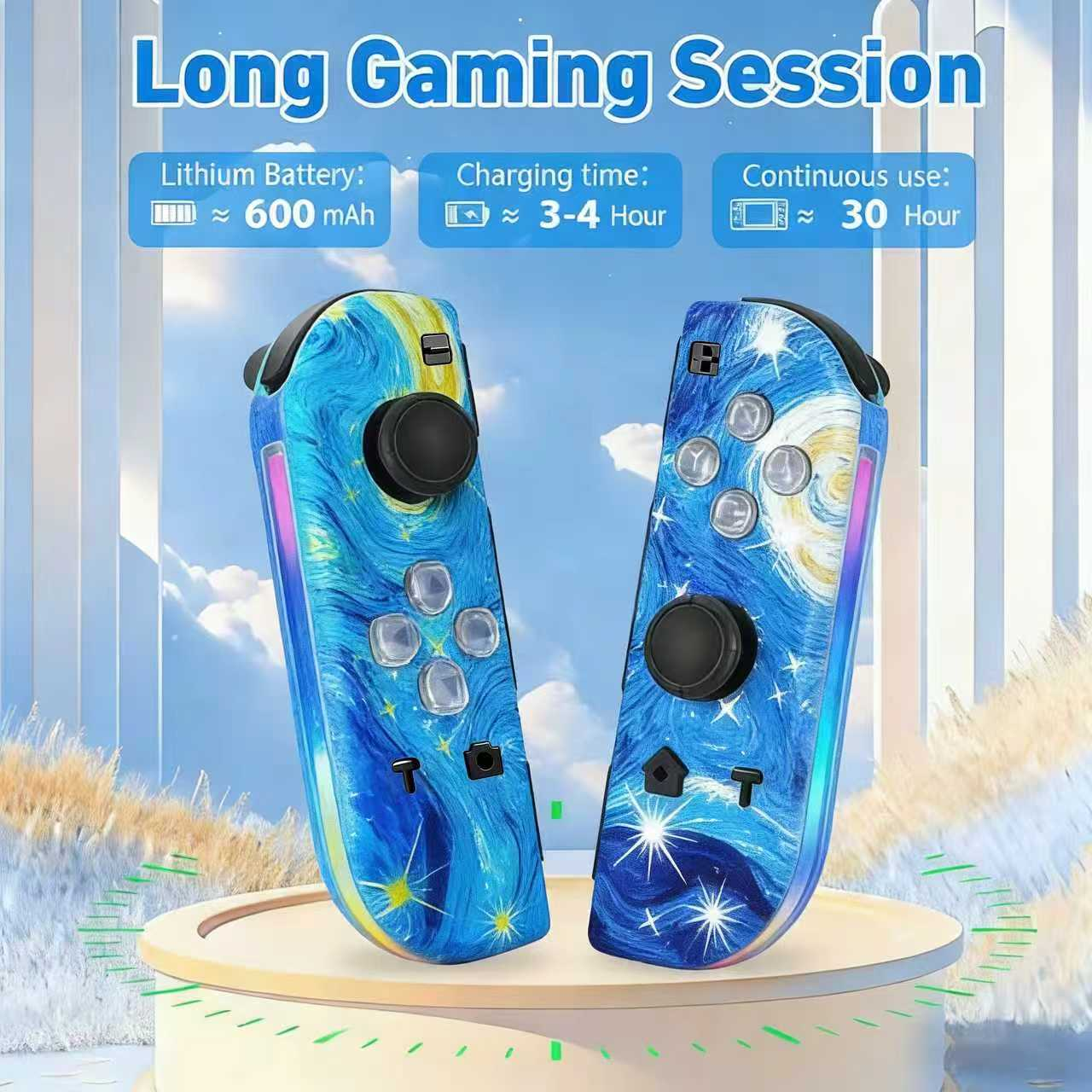 Zwei Joy-Con-Controller mit Sternennacht-Design stehen auf einem Podest.