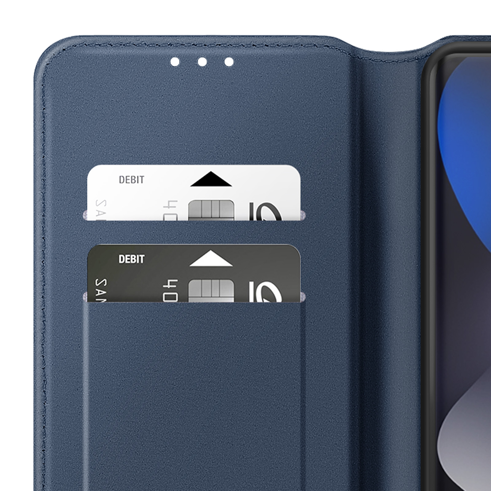 Custodia blu per telefono con due fessure per carte. Icone di carte di debito visibili.