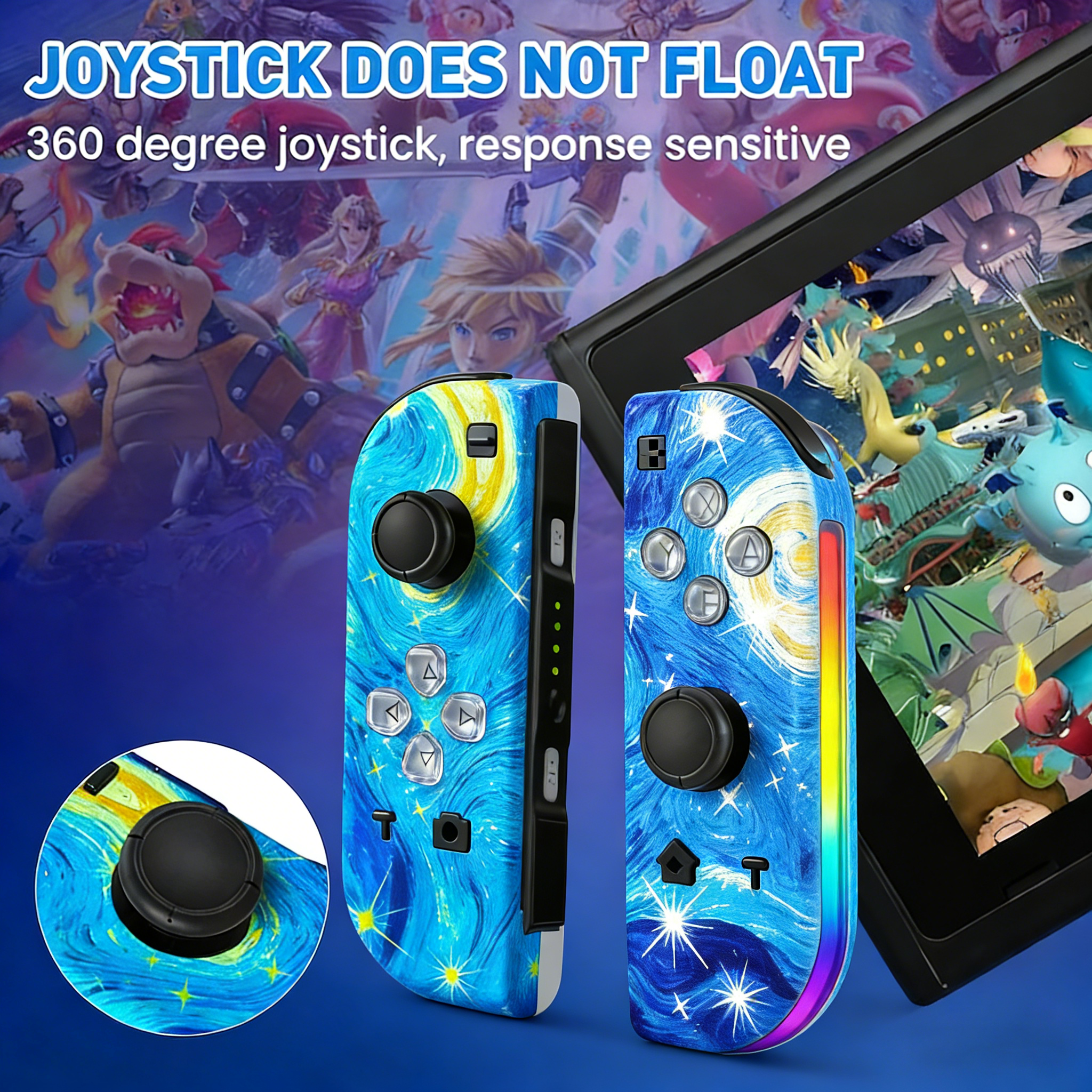 Zwei blaue Joy-Con-Controller mit Sternenhimmel-Muster und Spielcharakteren im Hintergrund.