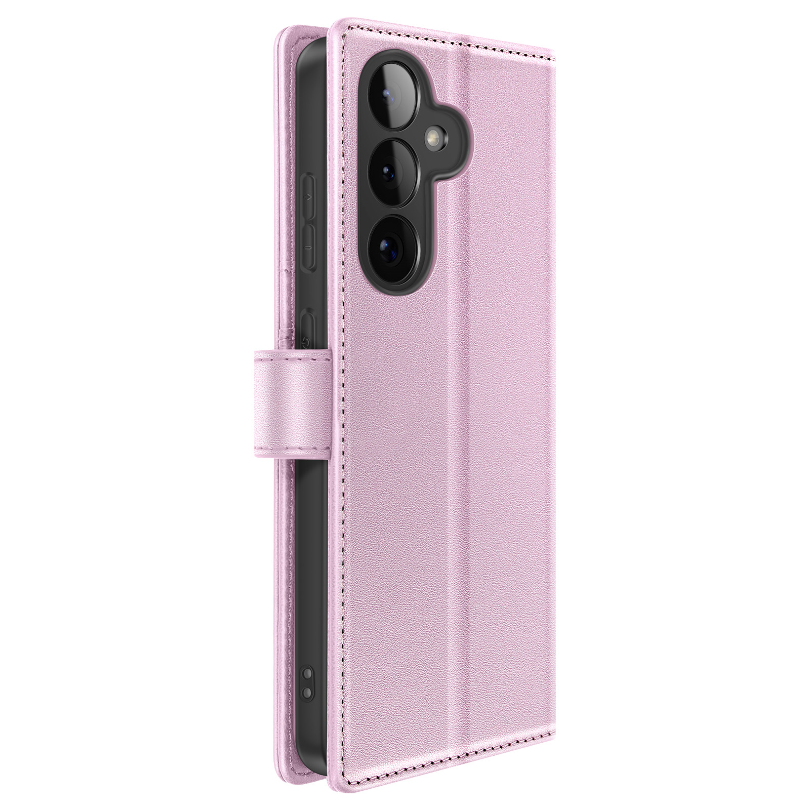Een roze telefoonhoes met drie camera's en een bandje.
