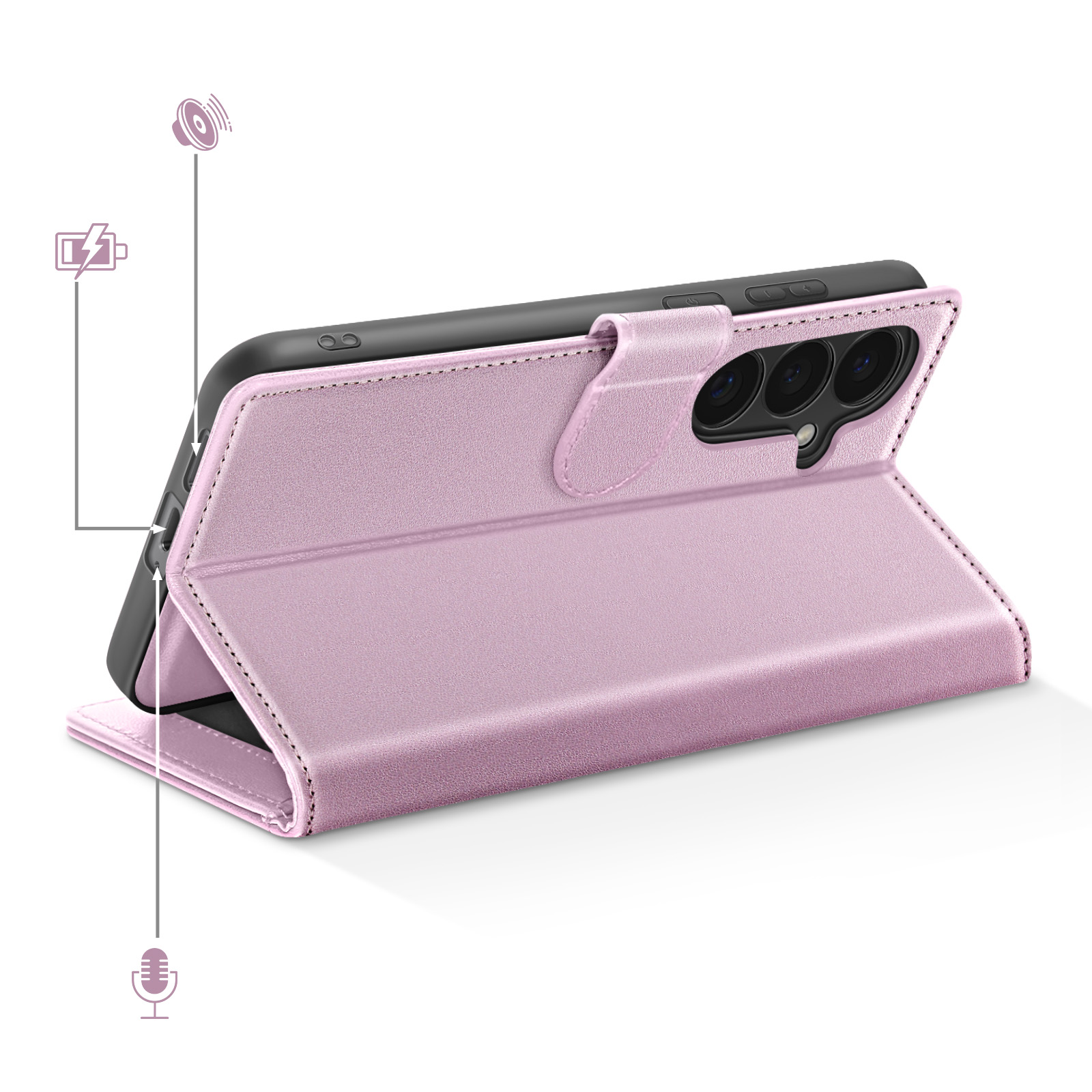 Een roze telefoon flip case met camera's en luidspreker pictogrammen.
