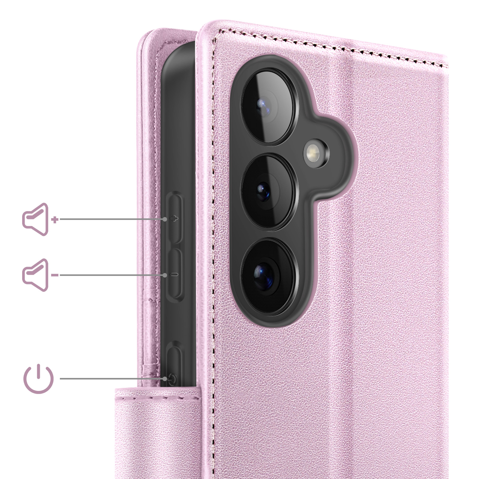 Close-up van een roze telefoonhoes met zichtbare camera's en knoppen.