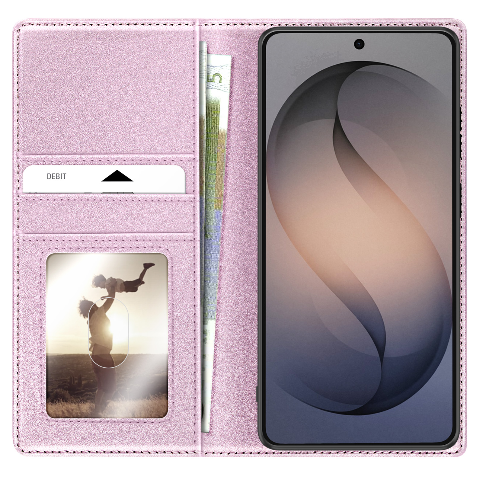 Roze telefoonhoesje met kaartsleuven en fotohouder.