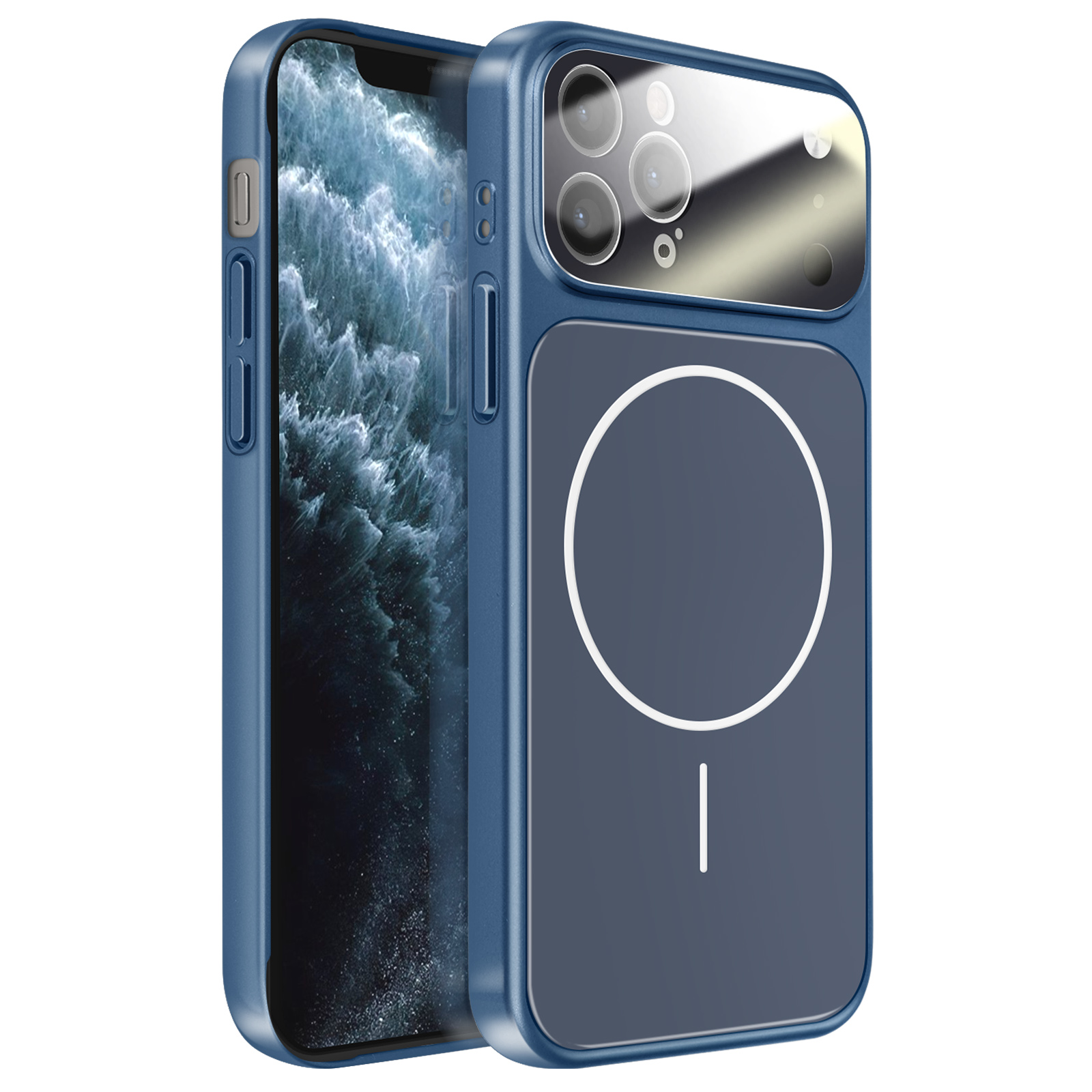 Donkerblauwe telefoonhoes met camera-uitsparing en cirkelvormig design.