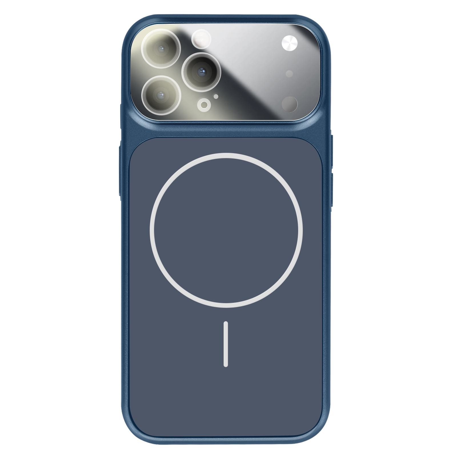 Donkerblauwe telefoonhoes met MagSafe-cirkel en camera-uitsparing.