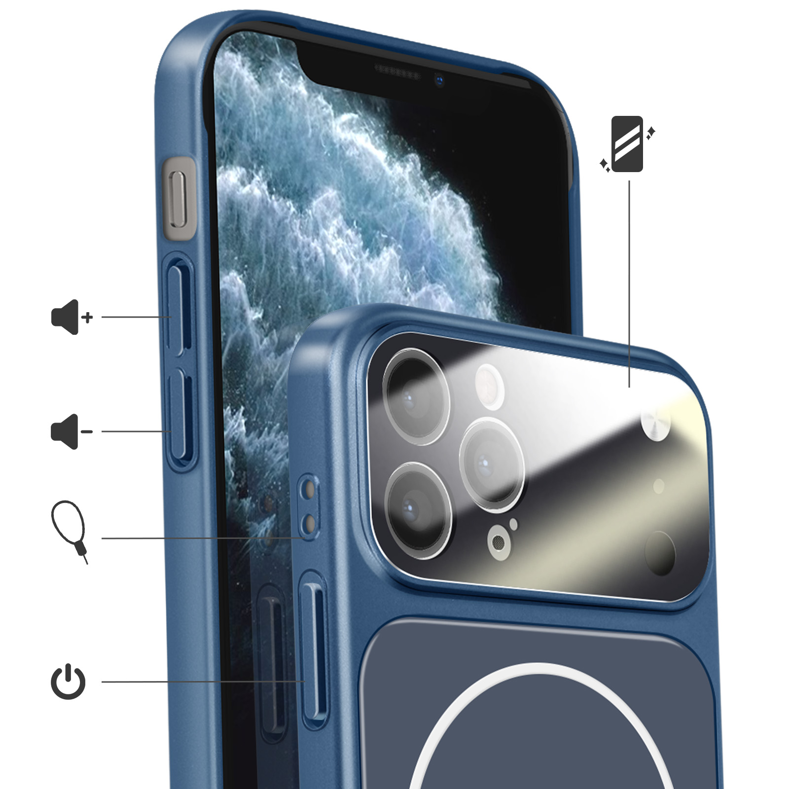 Een blauwe telefoonhoes met cameralenzen, volume- en aan/uitknoppen.