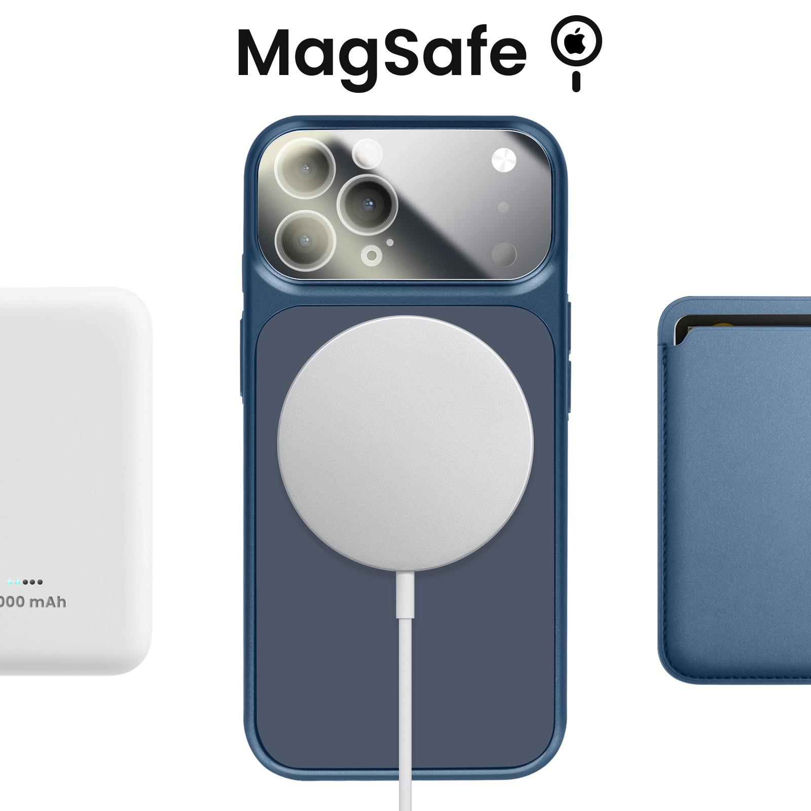 MagSafe-logo, blauwe iPhone, witte powerbank en blauwe kaarthouder.
