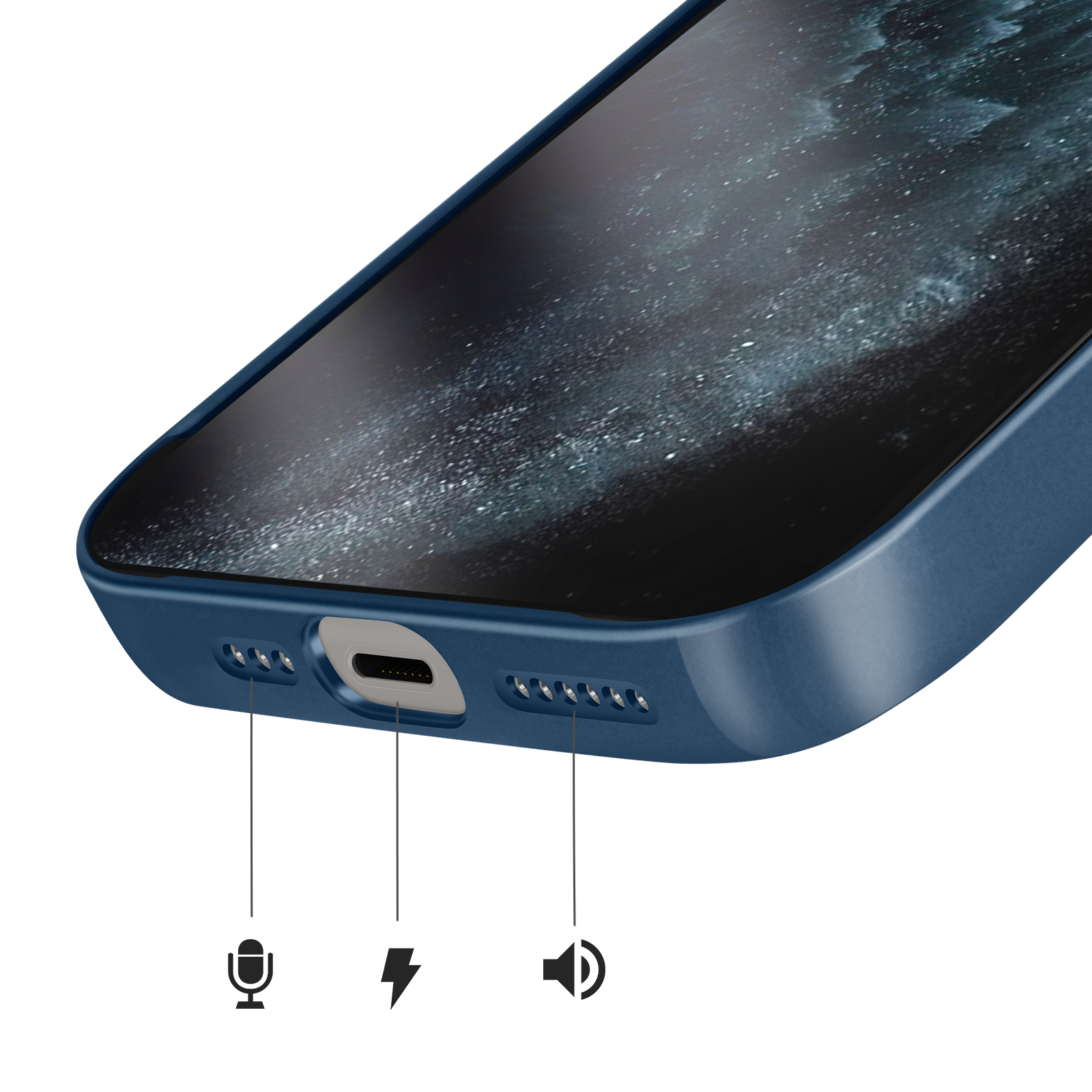 Blauwe telefoonhoes met oplaadpoort, microfoon- en luidsprekerpictogrammen.