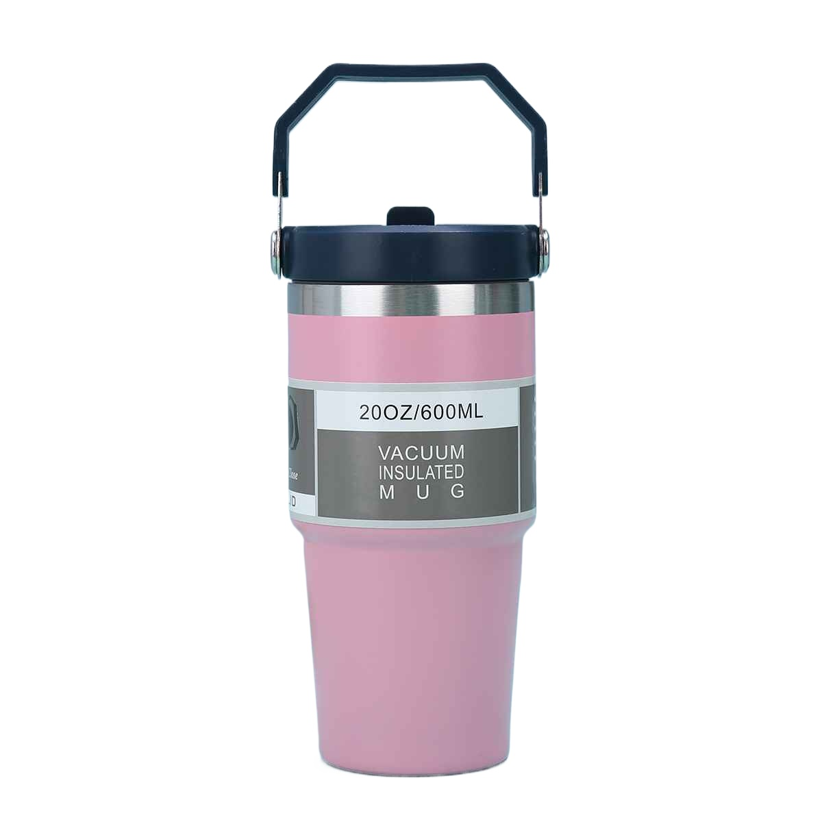 Eine rosa Vakuum-Isolierkanne mit schwarzem Griff und Deckel, 600 ml.